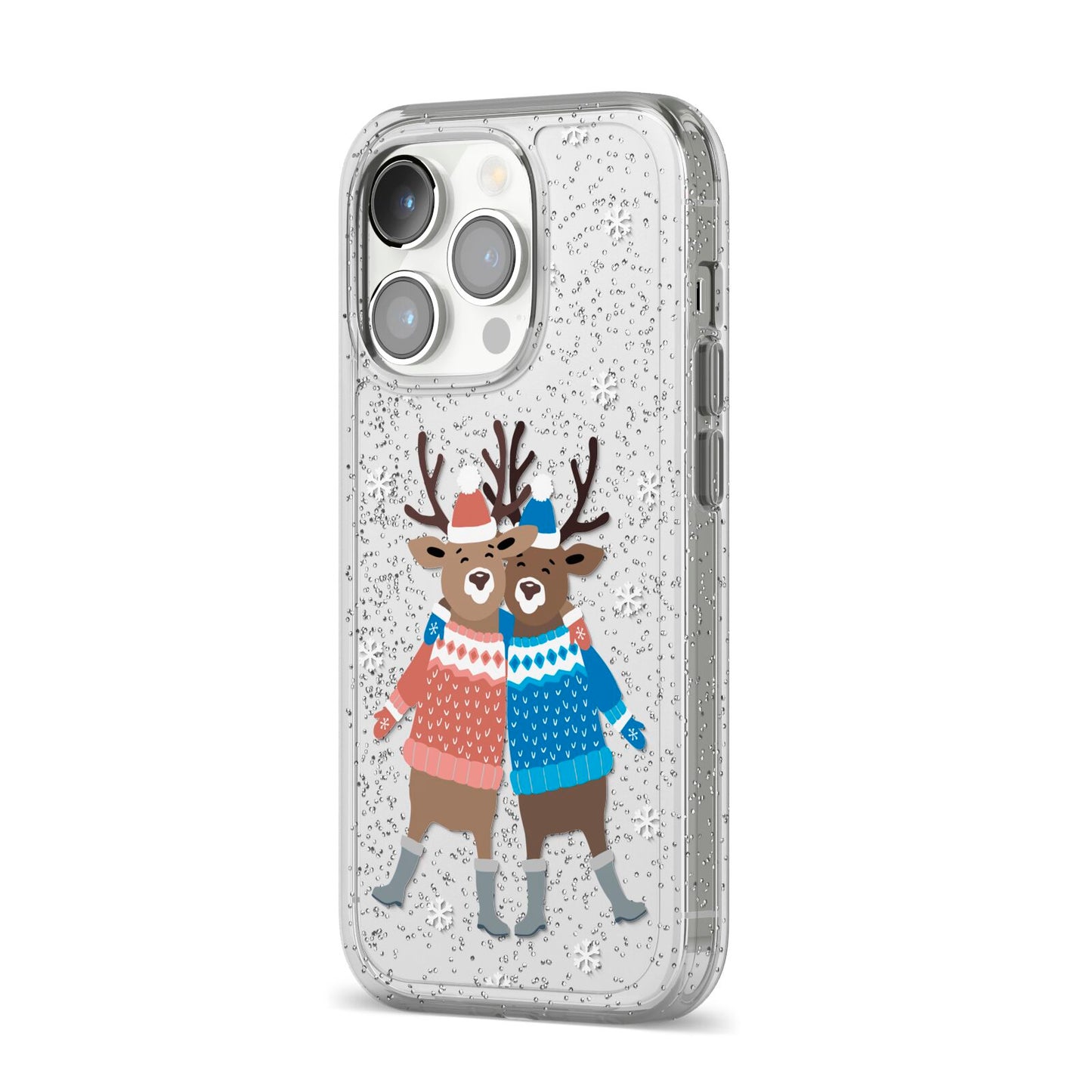 Reindeer iPhone 14 Pro Glitter Tough Case Silver Angled Image