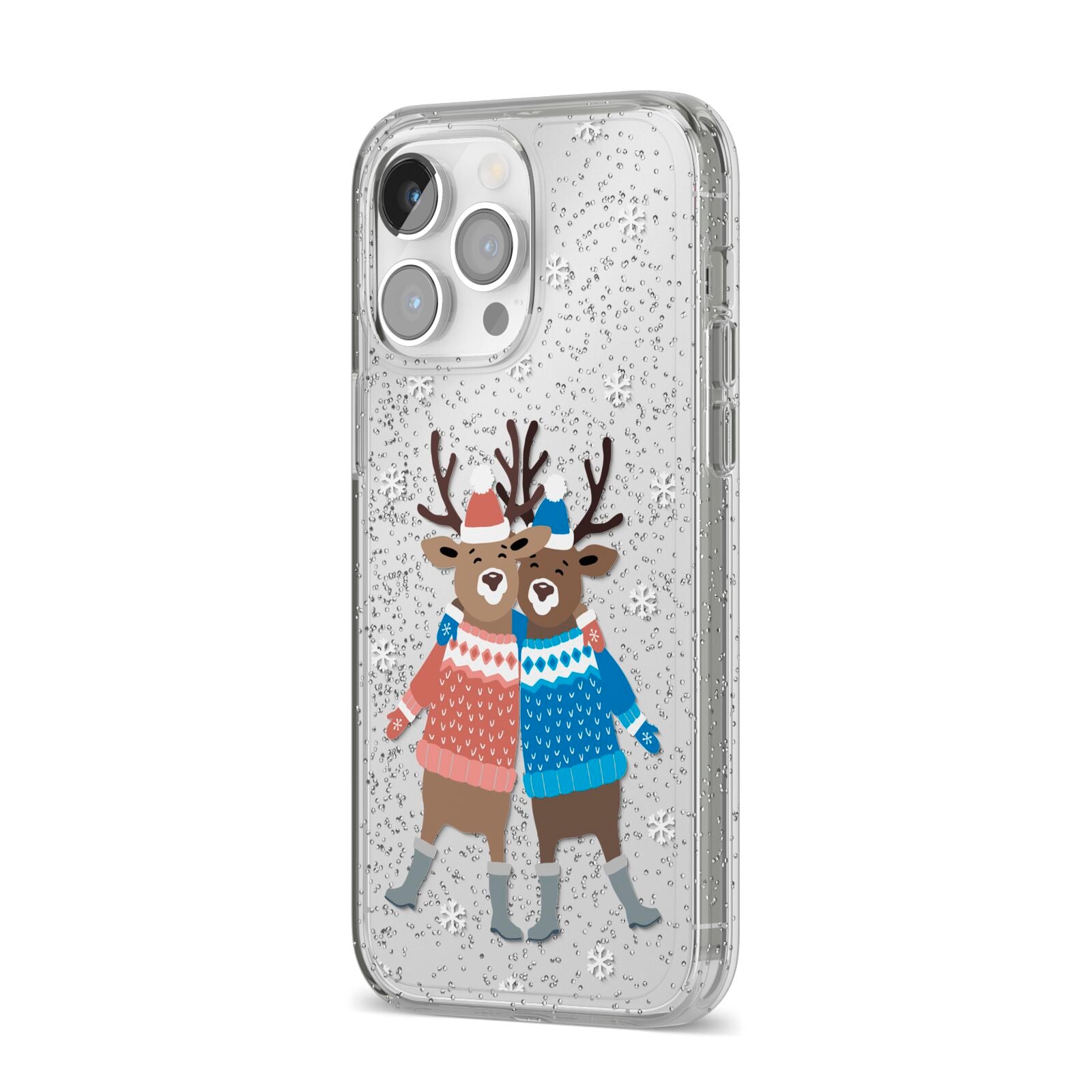 Reindeer iPhone 14 Pro Max Glitter Tough Case Silver Angled Image