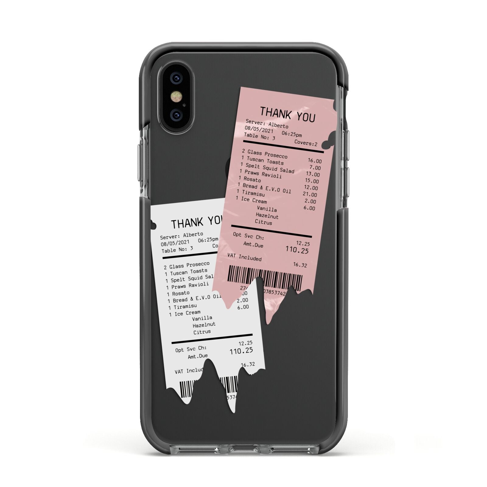 Restaurant Receipts Apple iPhone Xs Impact Case Black Edge on Black Phone