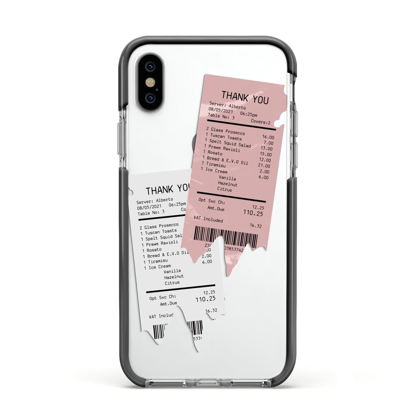 Restaurant Receipts Apple iPhone Xs Impact Case Black Edge on Silver Phone