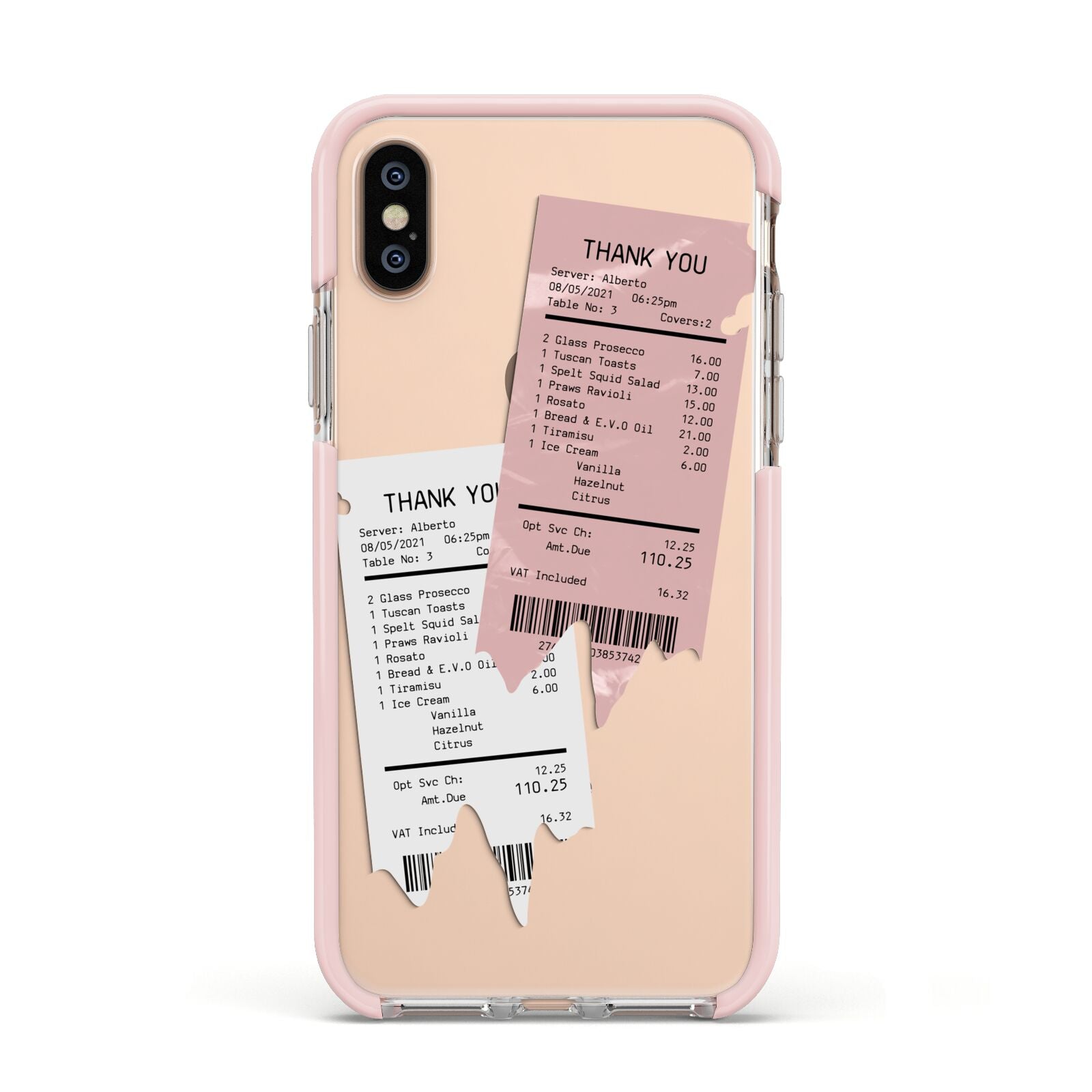 Restaurant Receipts Apple iPhone Xs Impact Case Pink Edge on Gold Phone