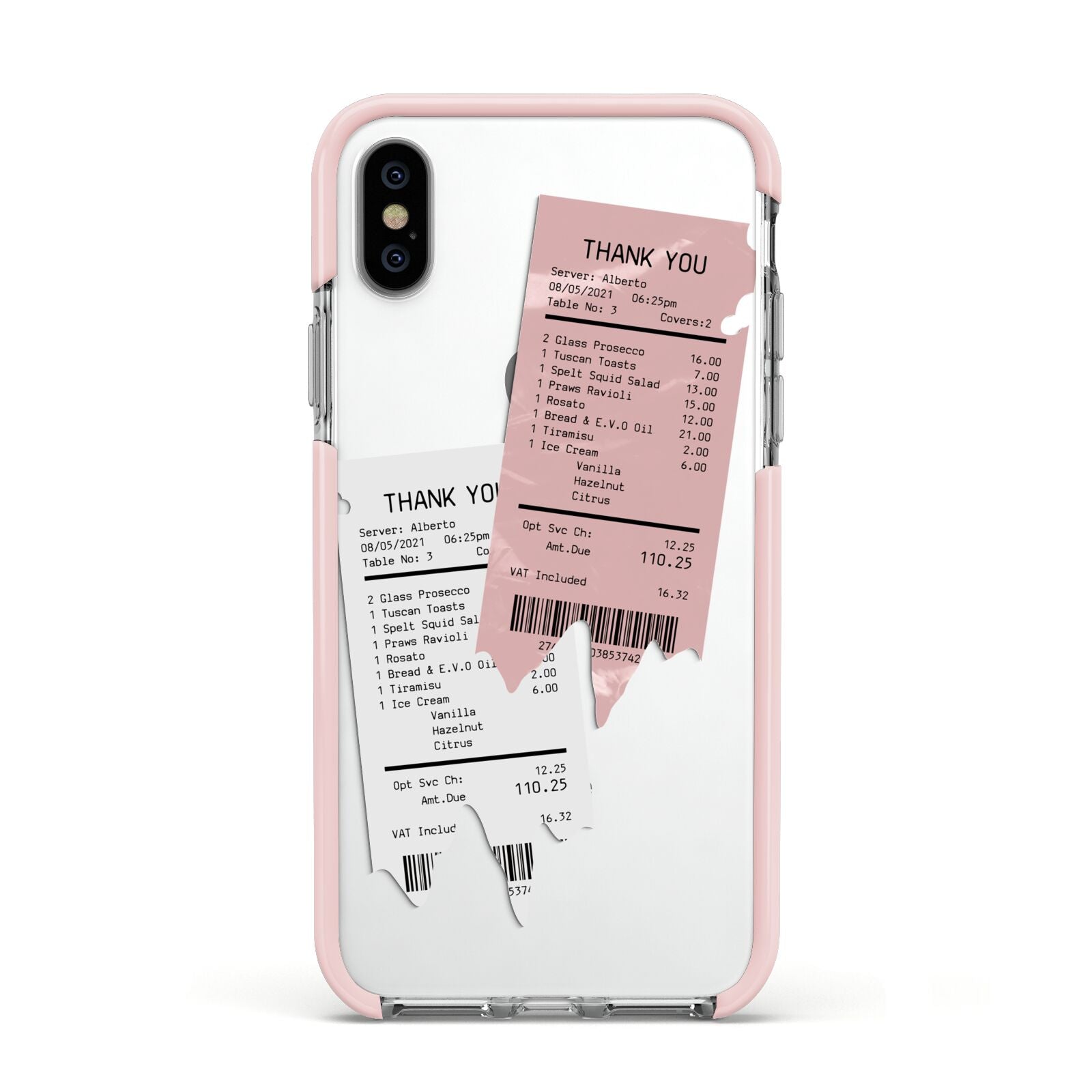 Restaurant Receipts Apple iPhone Xs Impact Case Pink Edge on Silver Phone