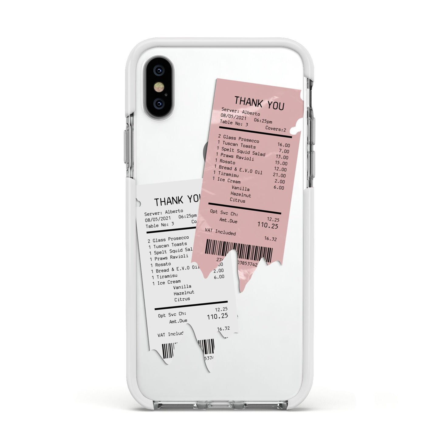 Restaurant Receipts Apple iPhone Xs Impact Case White Edge on Silver Phone