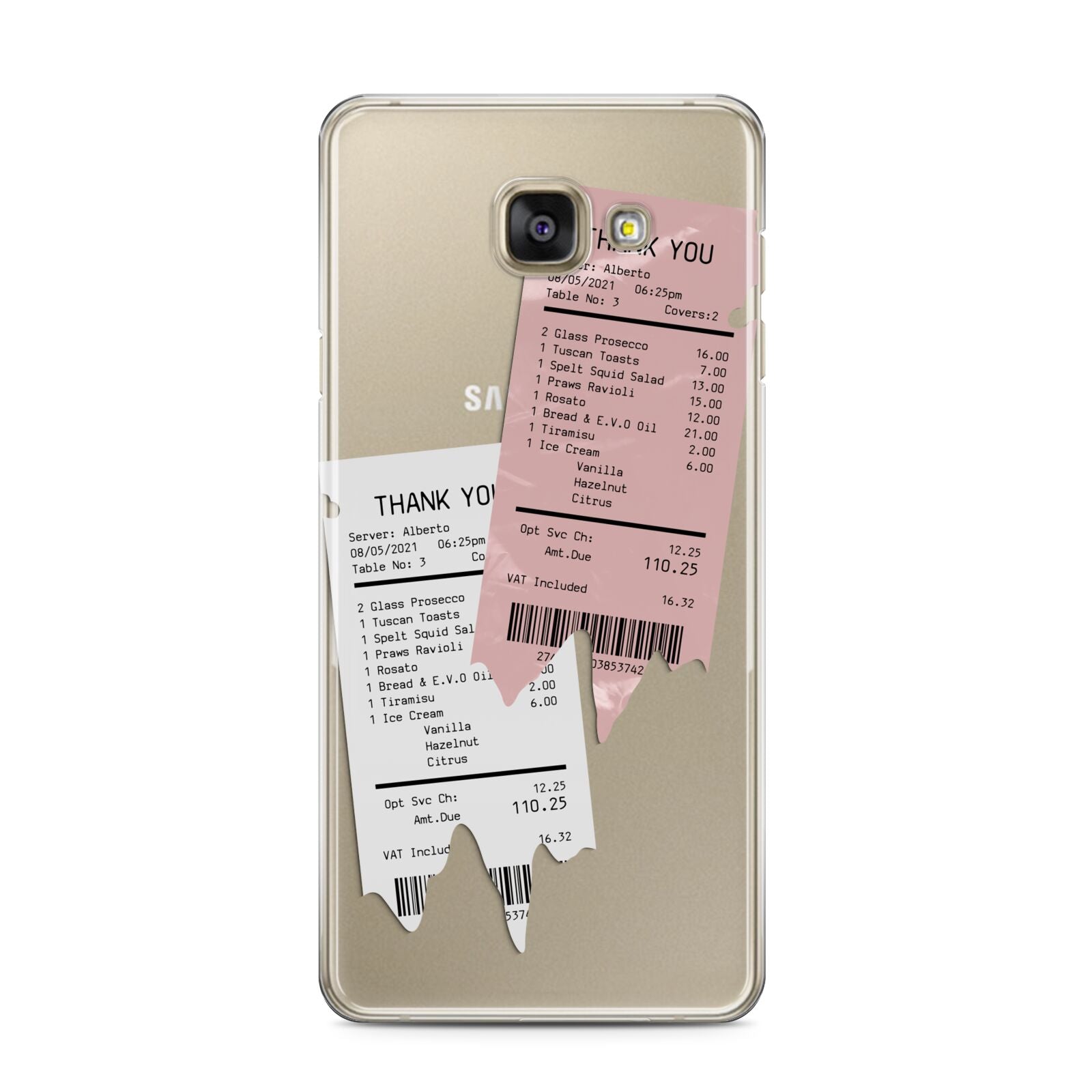 Restaurant Receipts Samsung Galaxy A3 2016 Case on gold phone