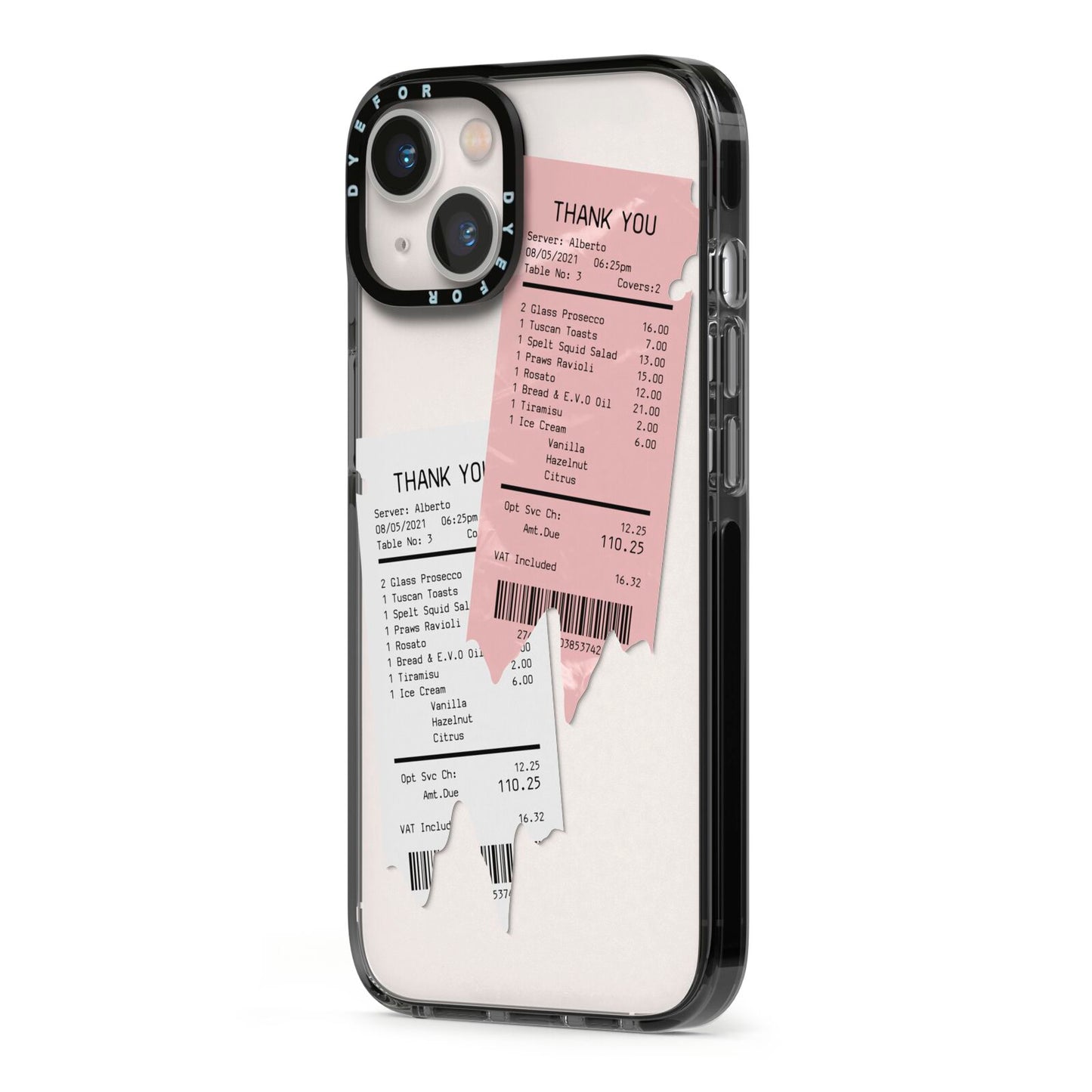 Restaurant Receipts iPhone 13 Black Impact Case Side Angle on Silver phone