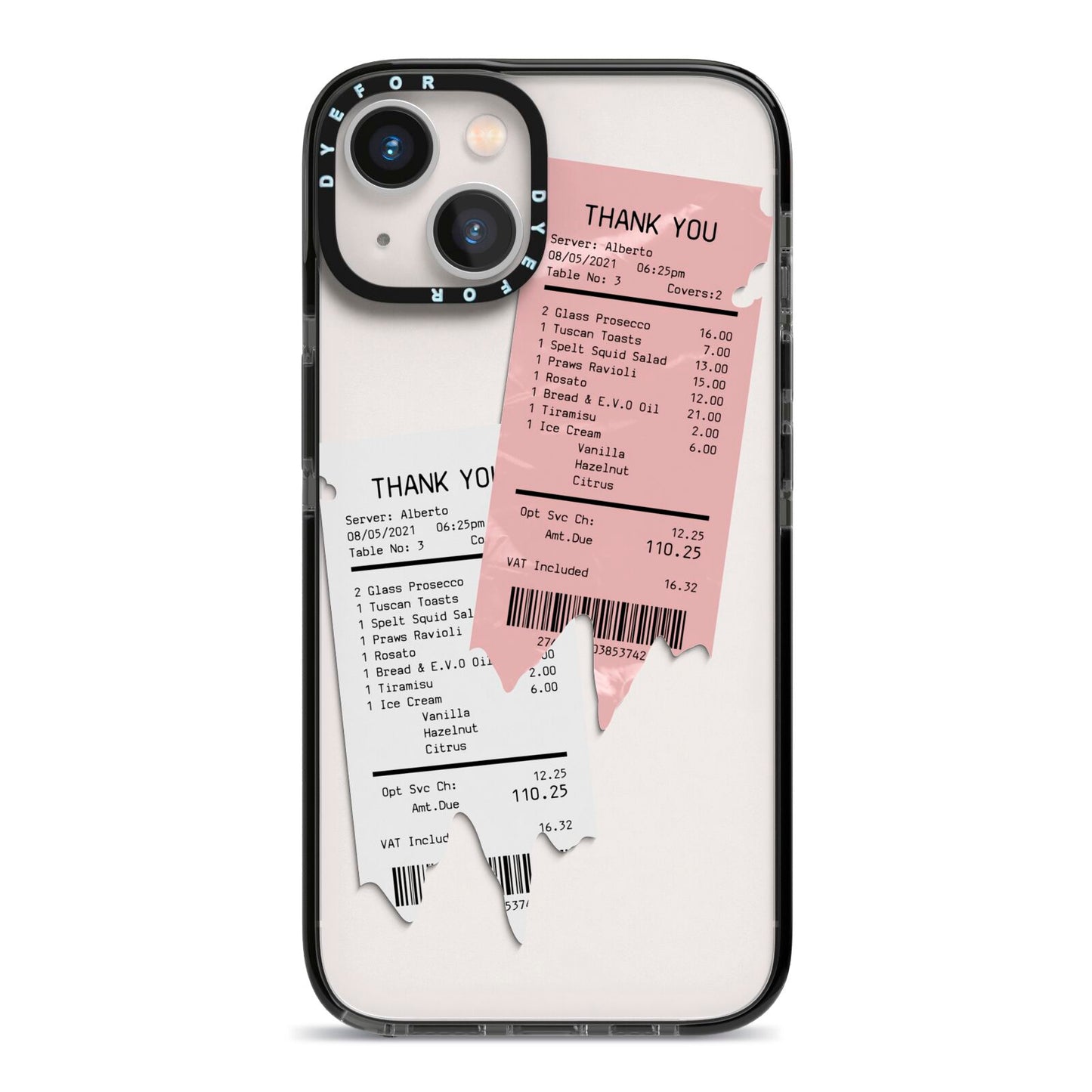 Restaurant Receipts iPhone 13 Black Impact Case on Silver phone