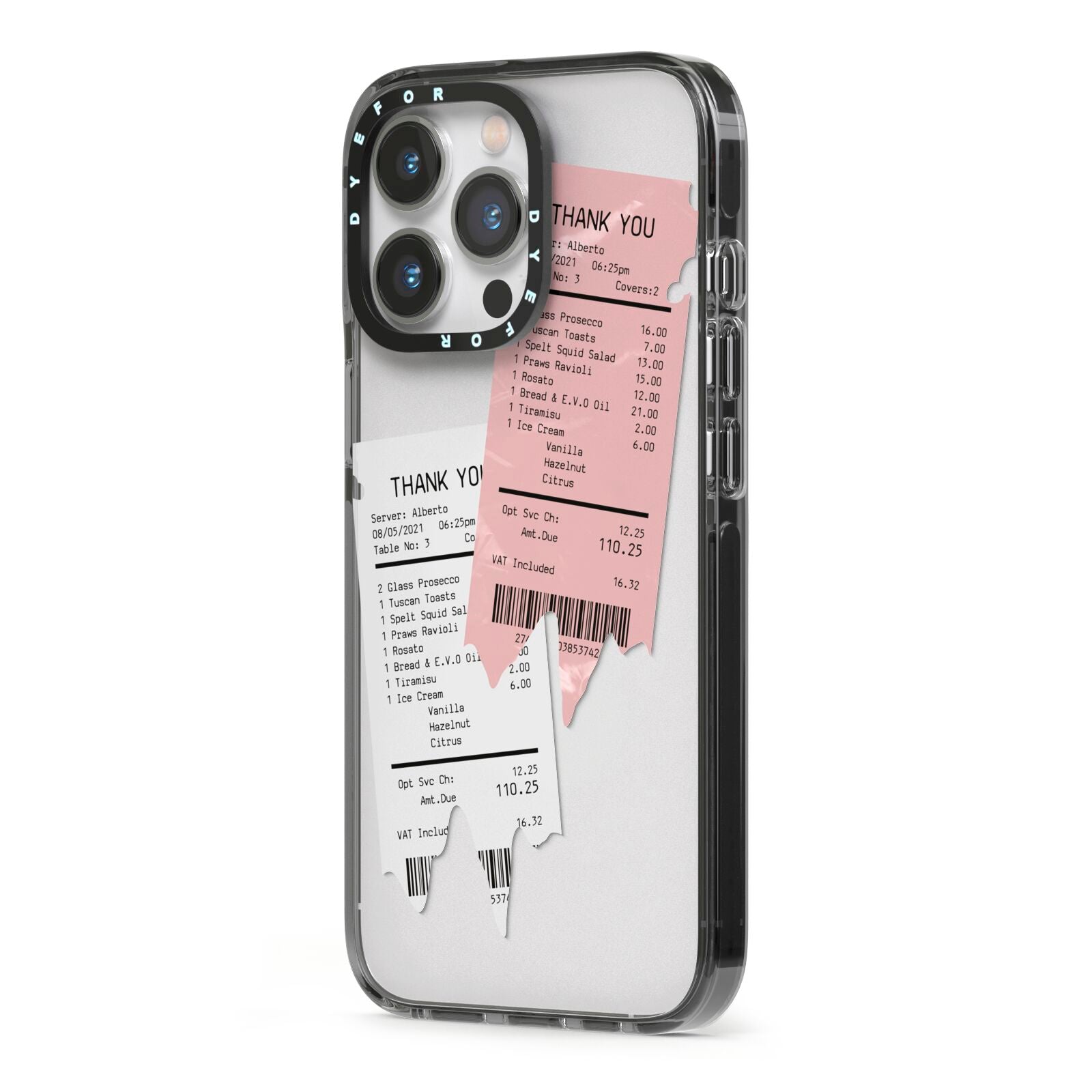 Restaurant Receipts iPhone 13 Pro Black Impact Case Side Angle on Silver phone