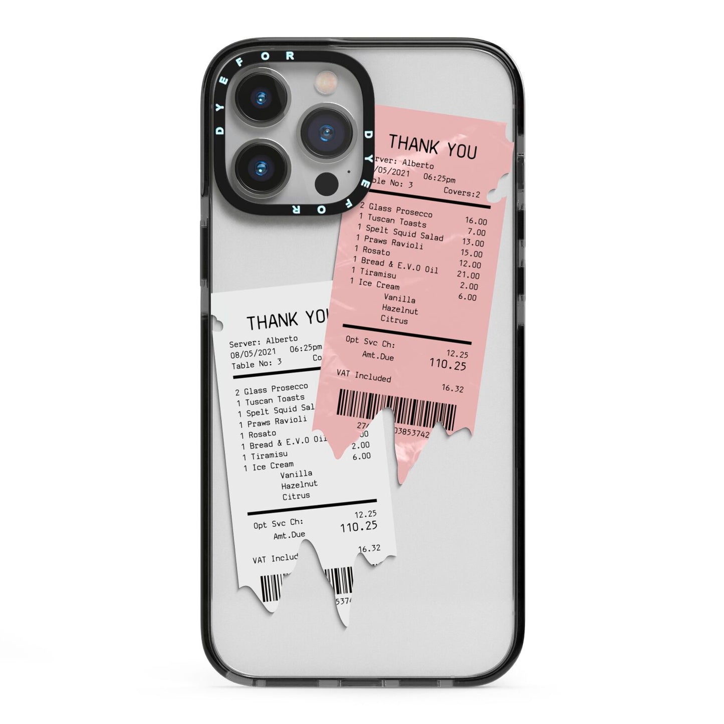 Restaurant Receipts iPhone 13 Pro Max Black Impact Case on Silver phone