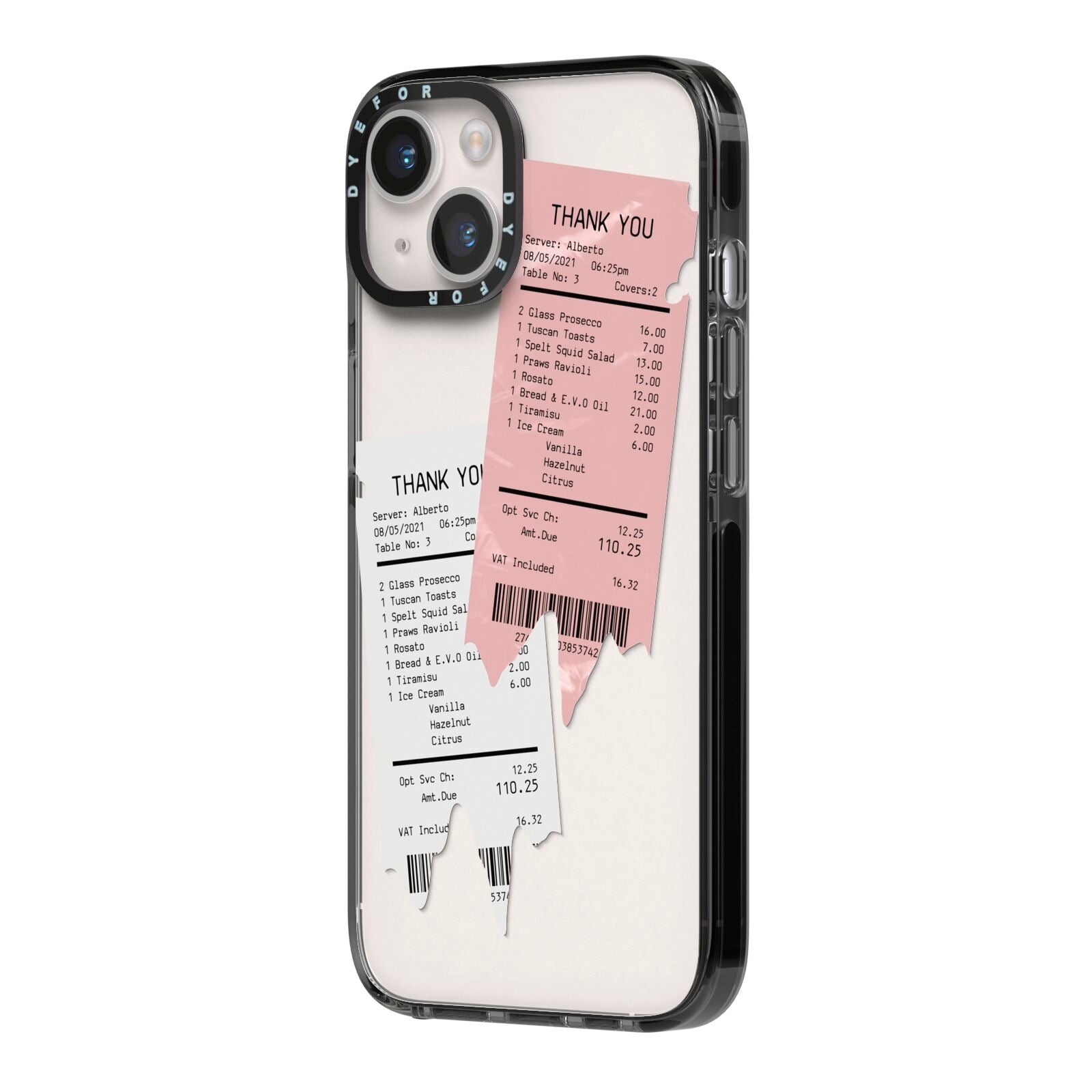 Restaurant Receipts iPhone 14 Black Impact Case Side Angle on Silver phone