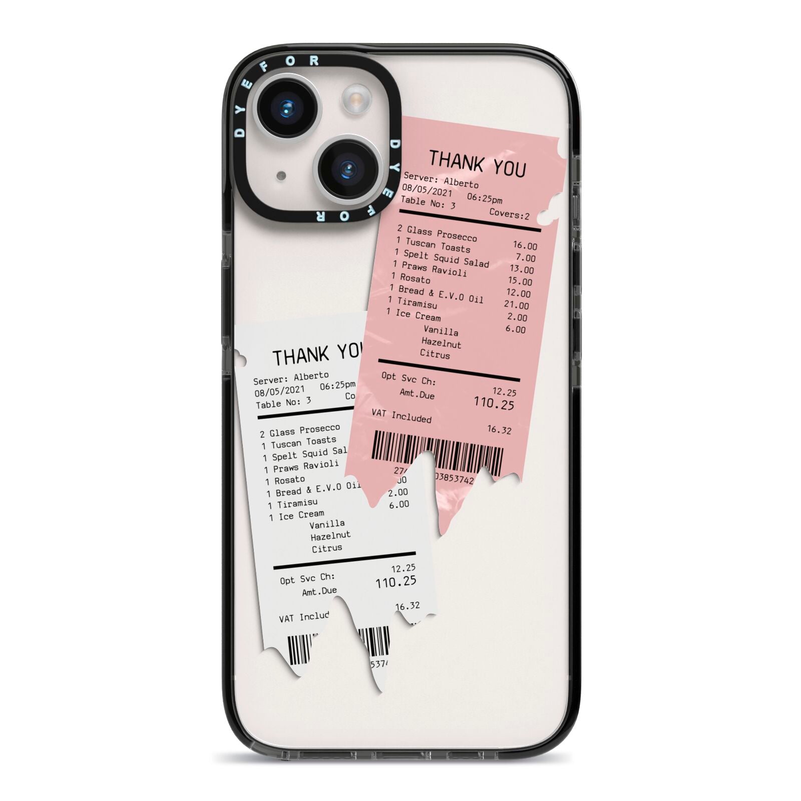 Restaurant Receipts iPhone 14 Black Impact Case on Silver phone