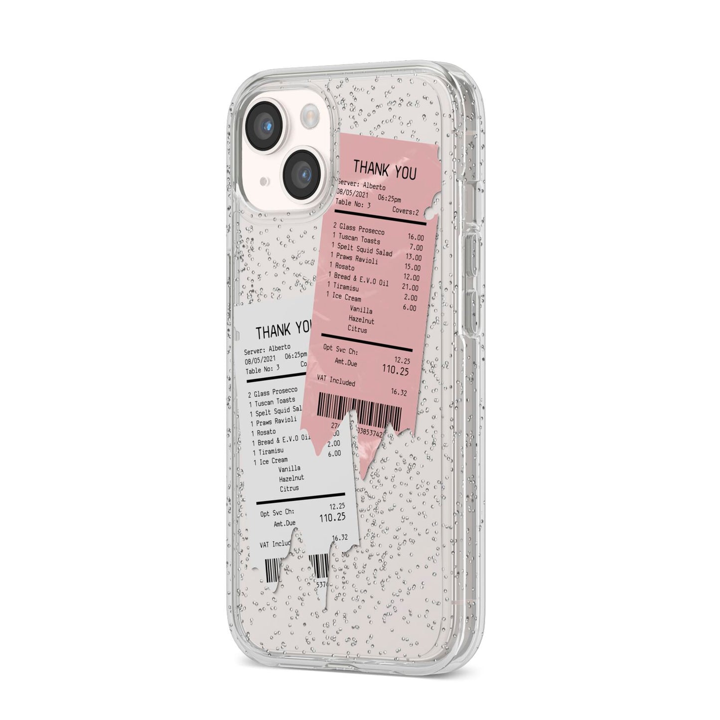 Restaurant Receipts iPhone 14 Glitter Tough Case Starlight Angled Image