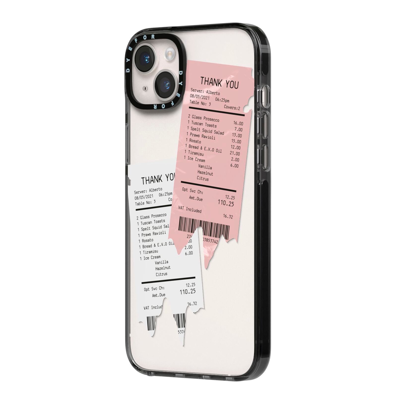 Restaurant Receipts iPhone 14 Plus Black Impact Case Side Angle on Silver phone