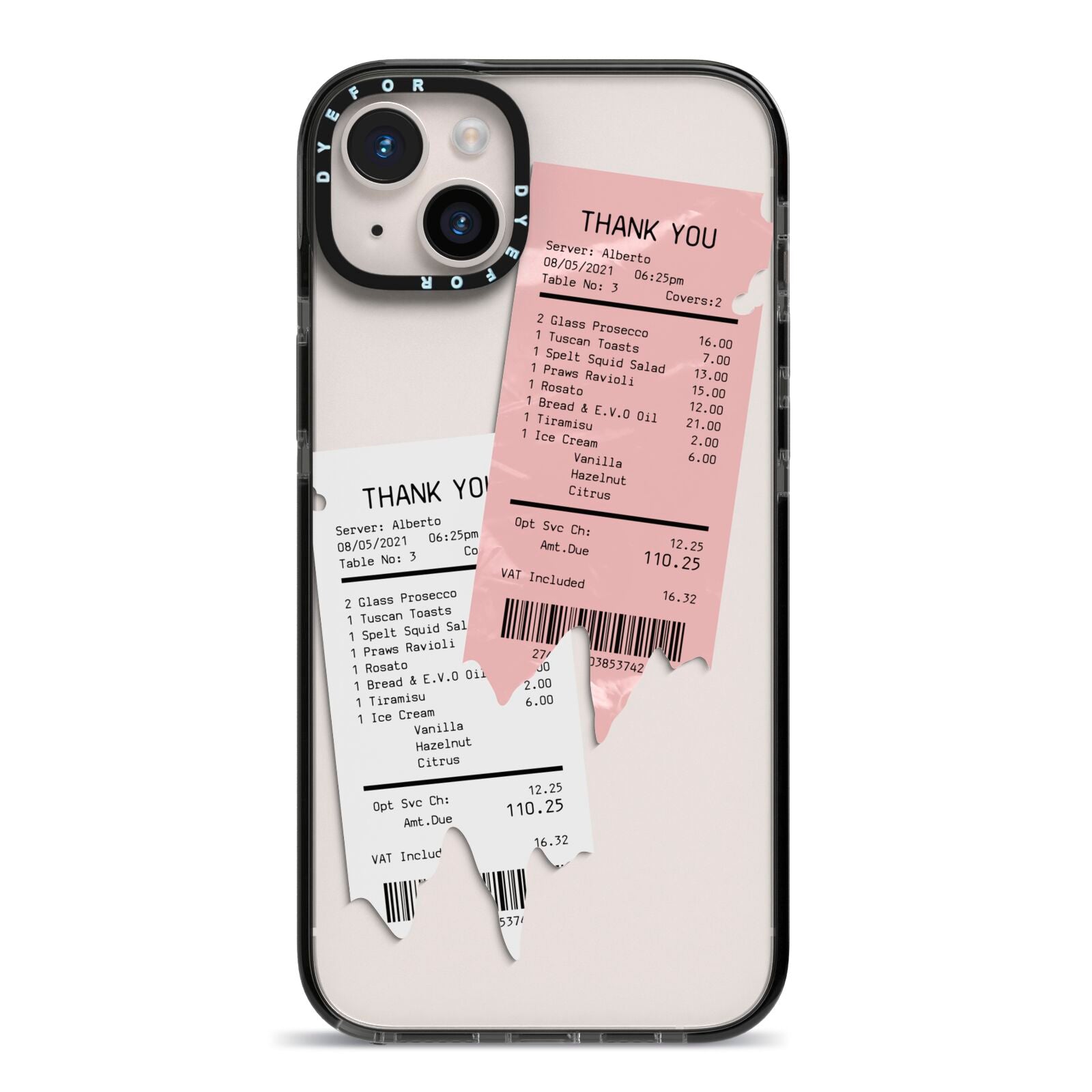 Restaurant Receipts iPhone 14 Plus Black Impact Case on Silver phone