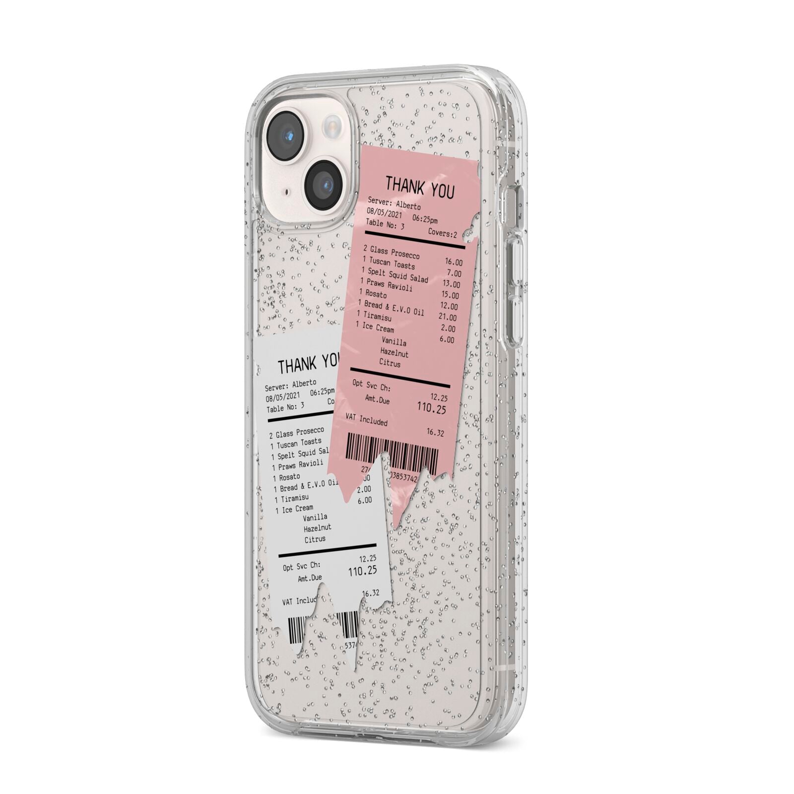 Restaurant Receipts iPhone 14 Plus Glitter Tough Case Starlight Angled Image