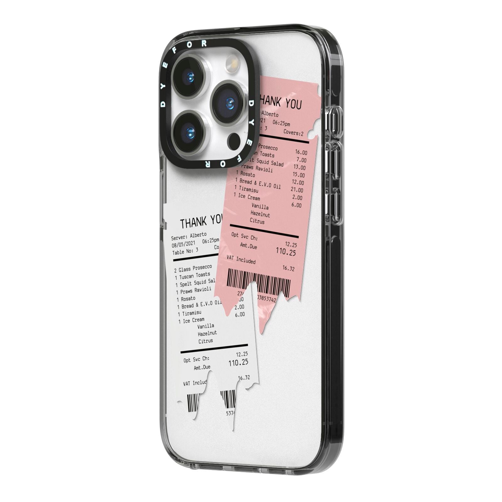 Restaurant Receipts iPhone 14 Pro Black Impact Case Side Angle on Silver phone