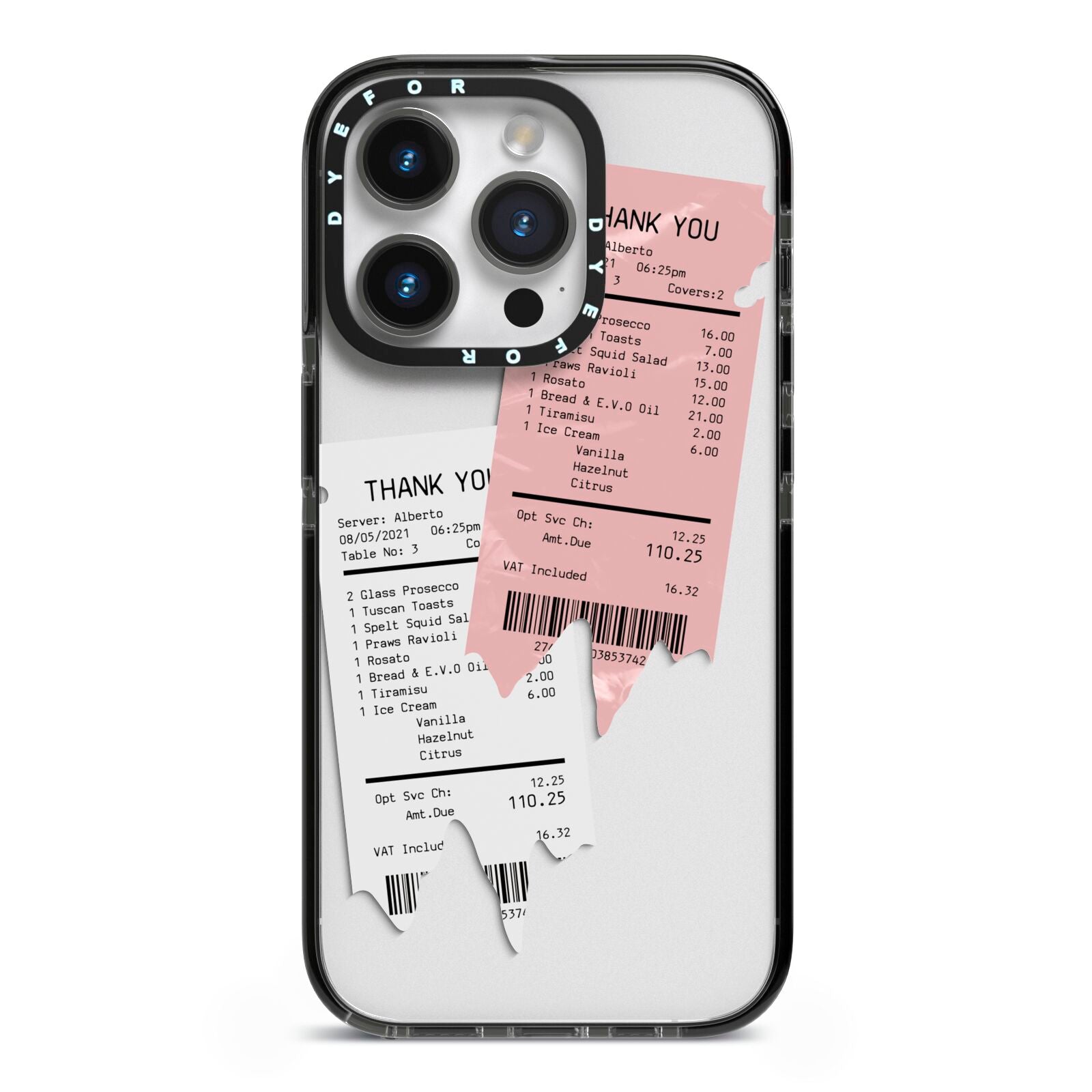 Restaurant Receipts iPhone 14 Pro Black Impact Case on Silver phone