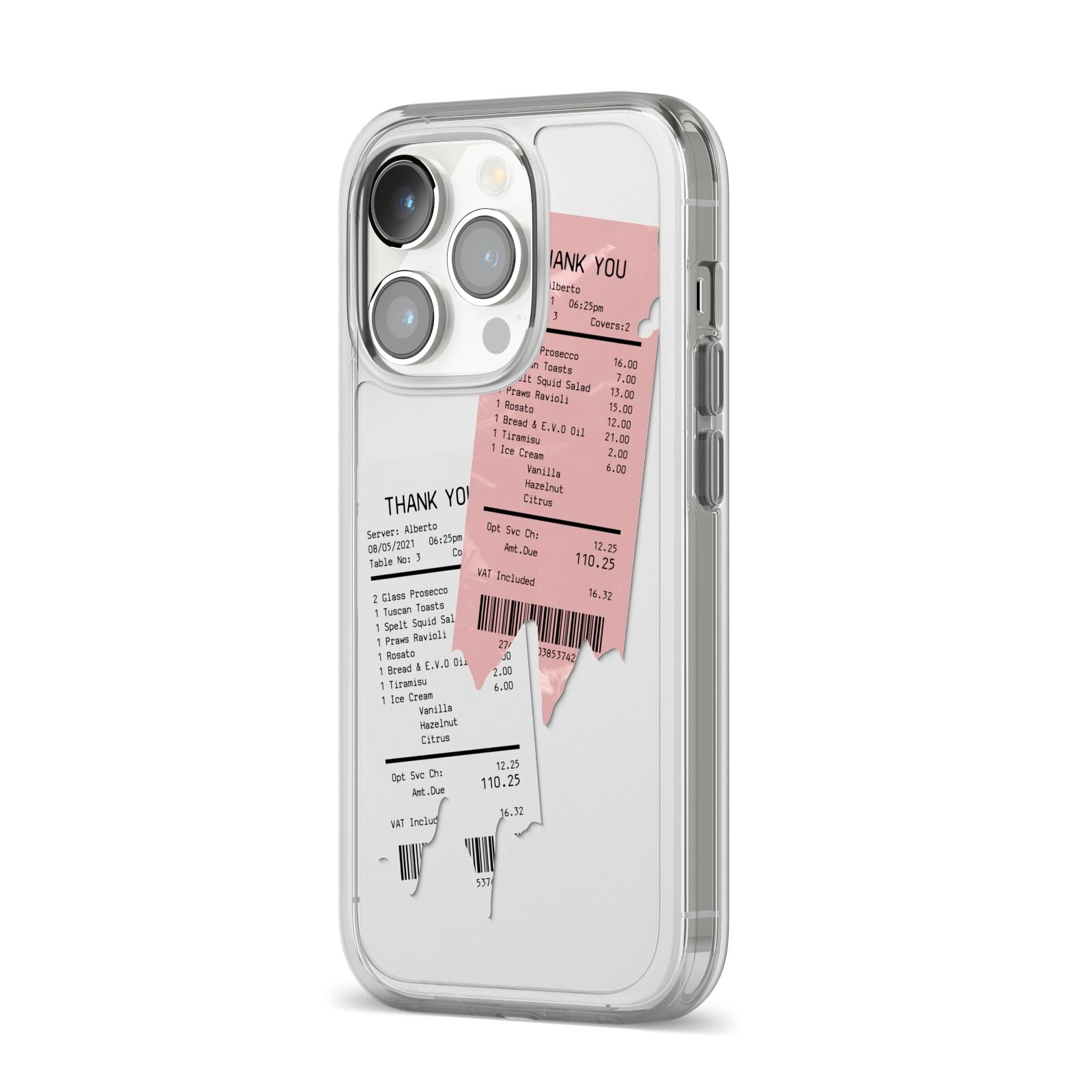 Restaurant Receipts iPhone 14 Pro Clear Tough Case Silver Angled Image