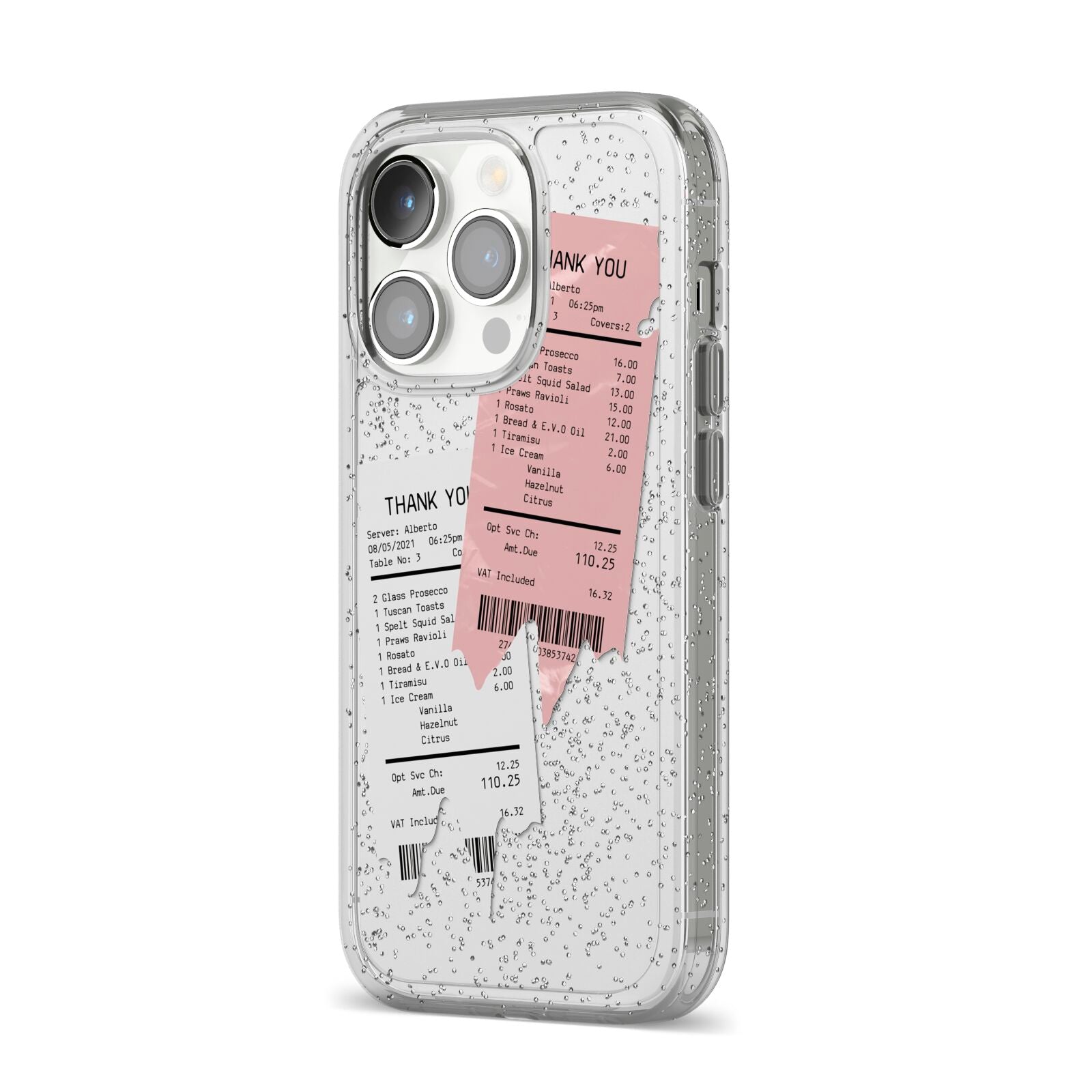 Restaurant Receipts iPhone 14 Pro Glitter Tough Case Silver Angled Image