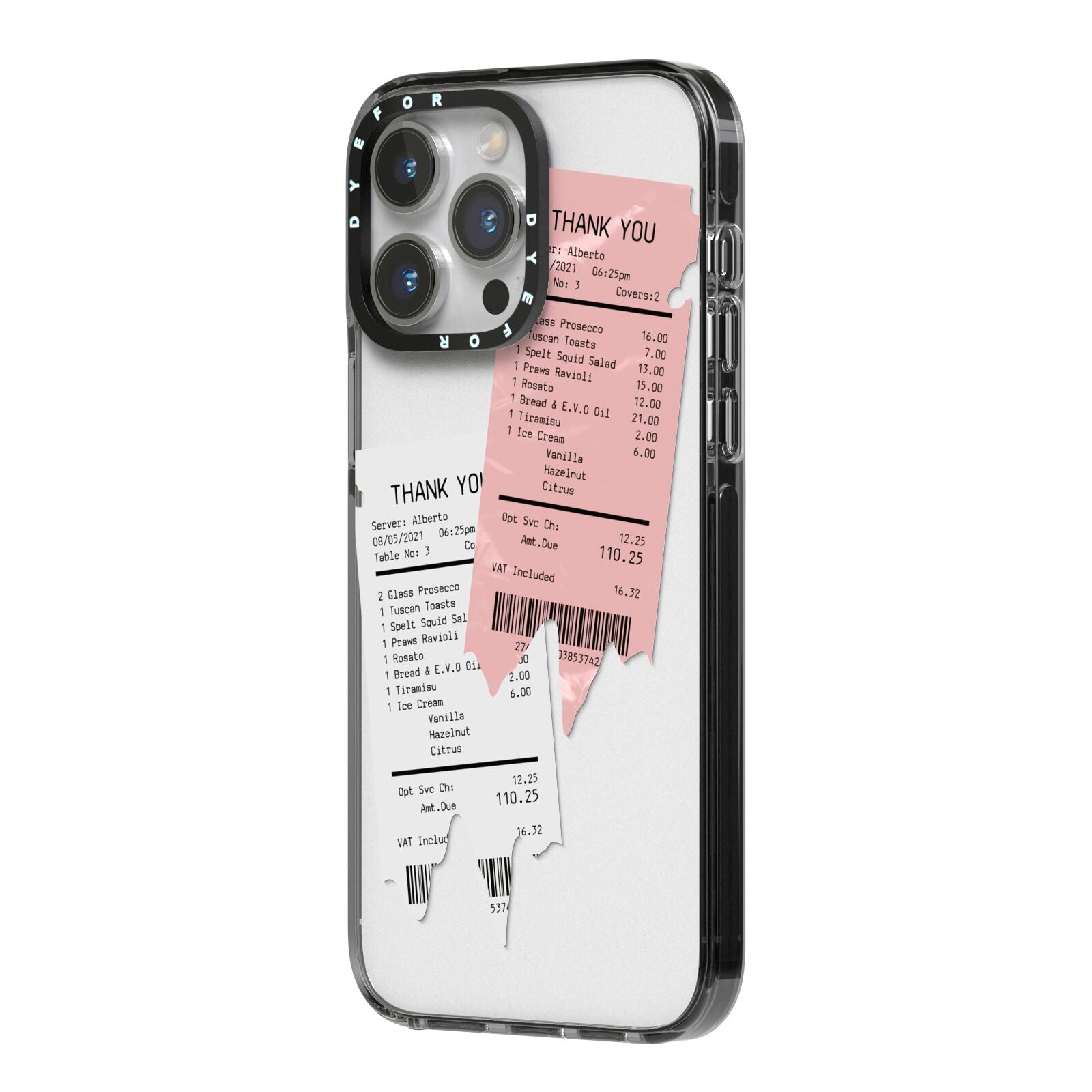 Restaurant Receipts iPhone 14 Pro Max Black Impact Case Side Angle on Silver phone