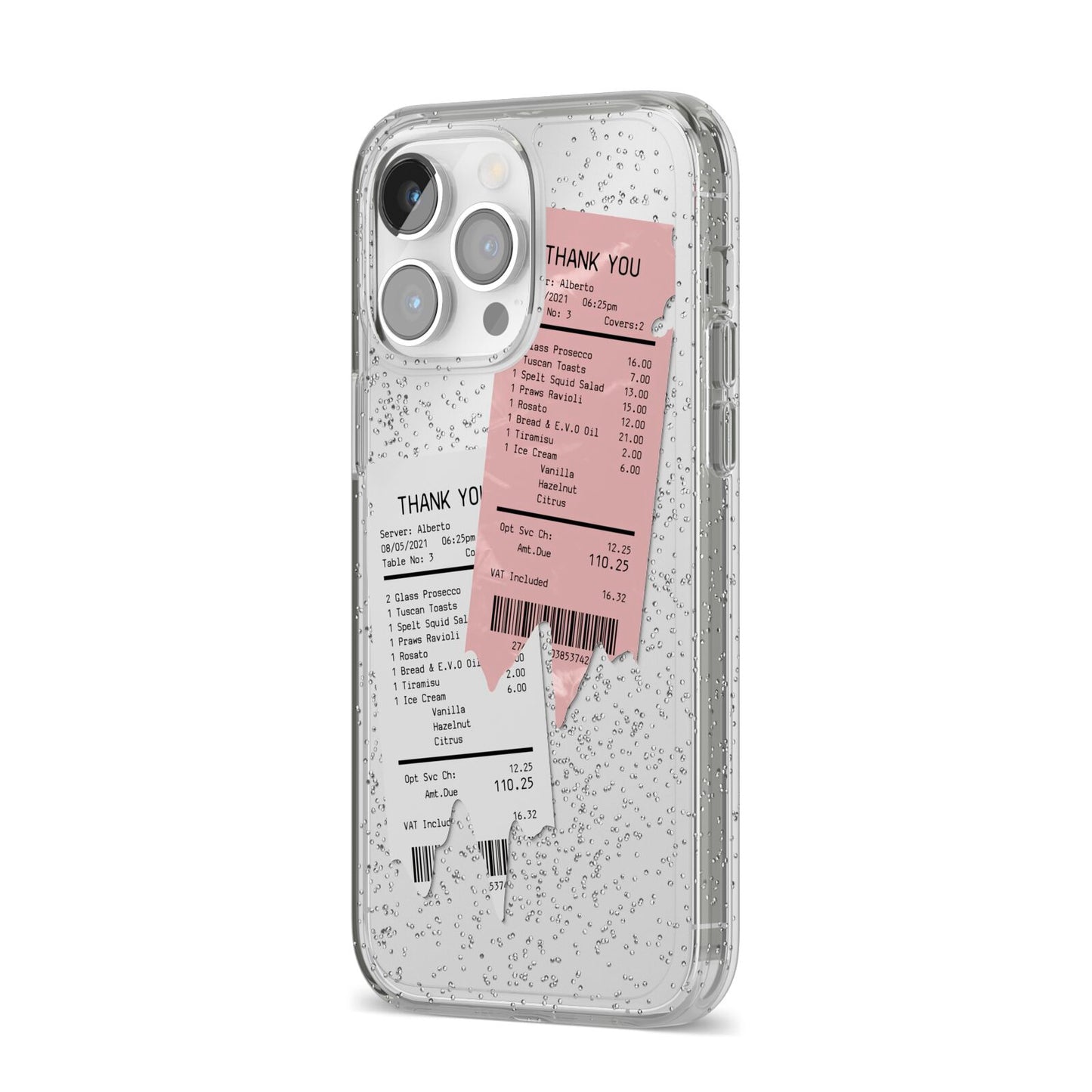 Restaurant Receipts iPhone 14 Pro Max Glitter Tough Case Silver Angled Image