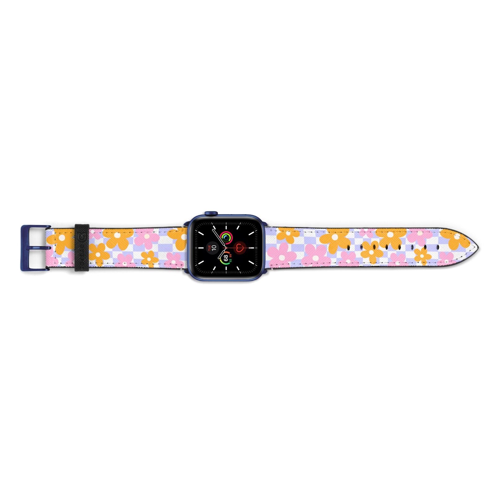 Retro Check Floral Apple Watch Strap Landscape Image Blue Hardware