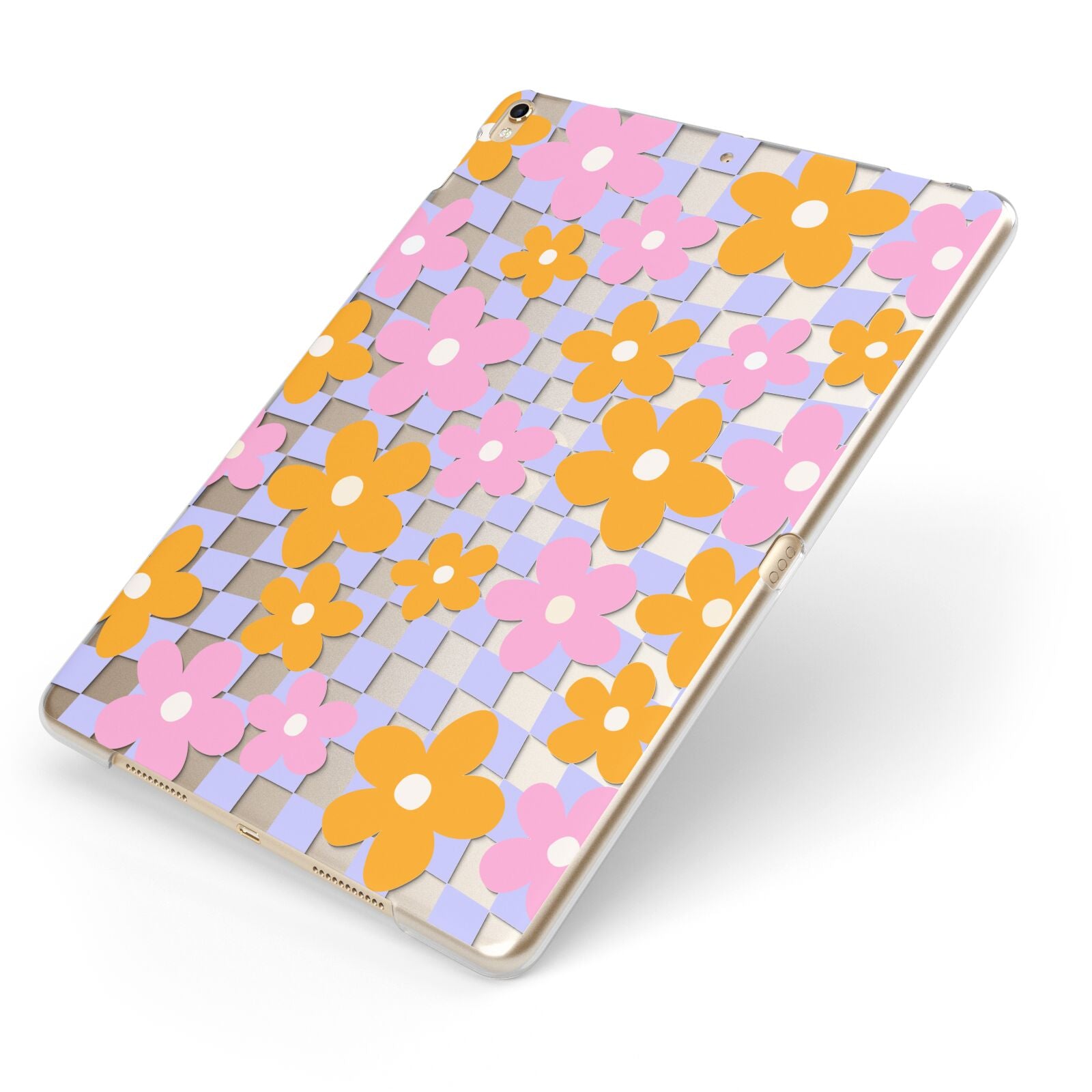 Retro Check Floral Apple iPad Case on Gold iPad Side View