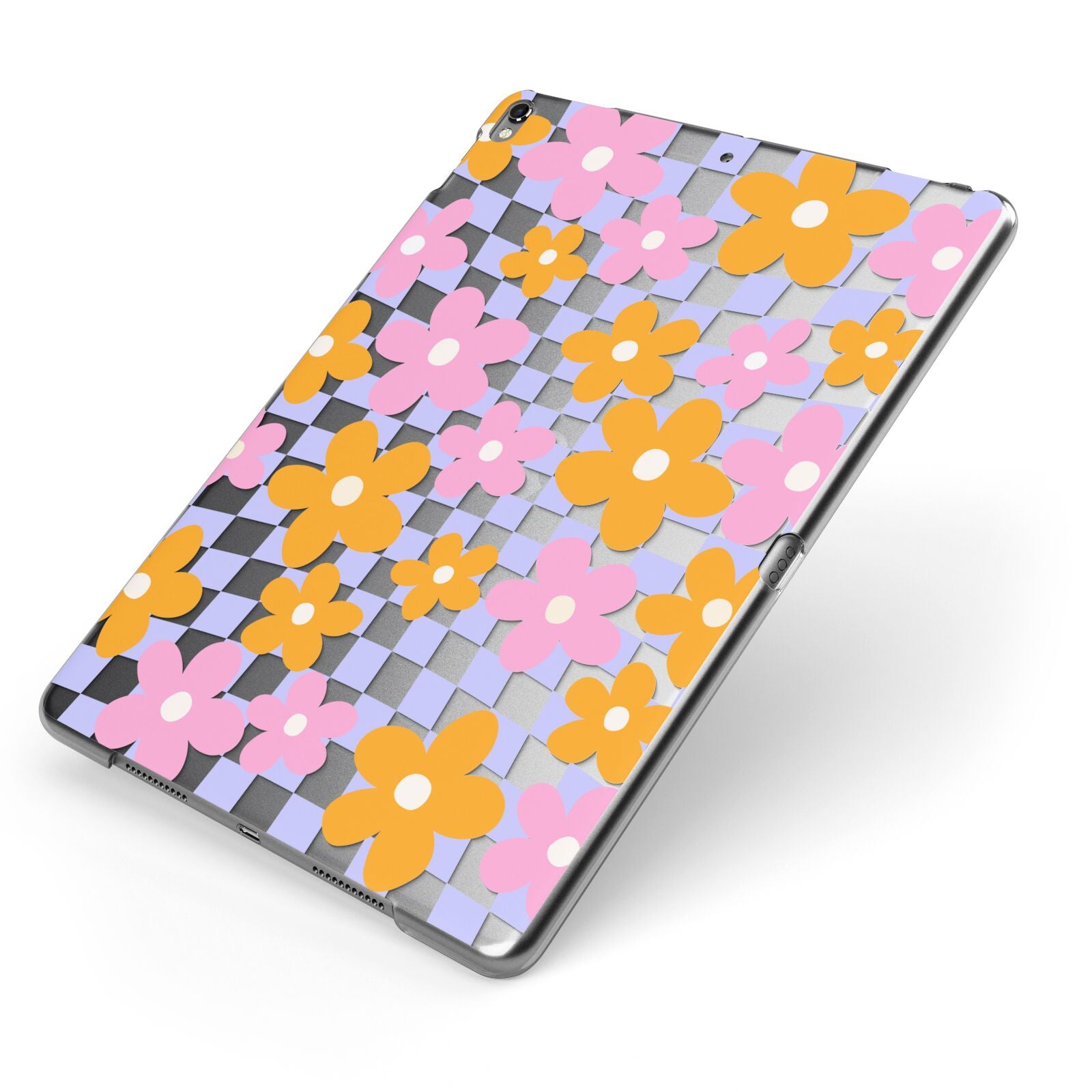 Retro Check Floral Apple iPad Case on Grey iPad Side View