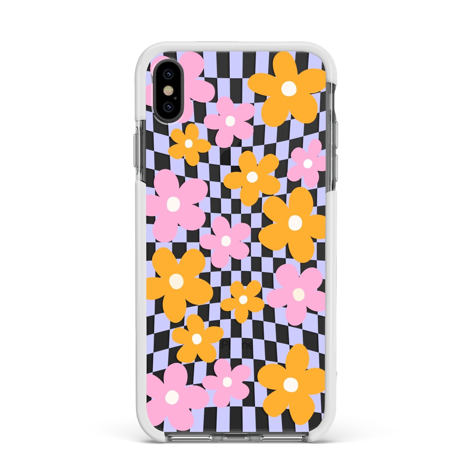 Retro Check Floral Apple iPhone Xs Max Impact Case White Edge on Black Phone