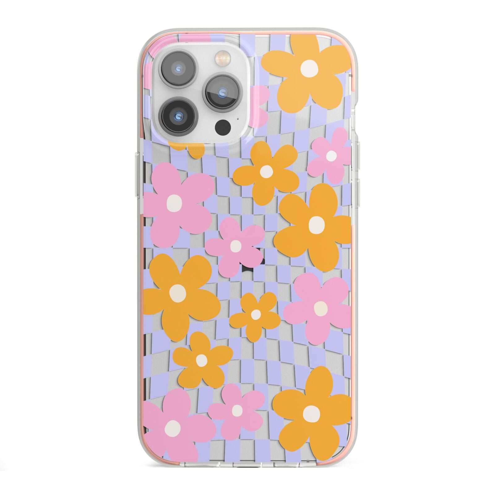 Retro Check Floral iPhone 13 Pro Max TPU Impact Case with Pink Edges