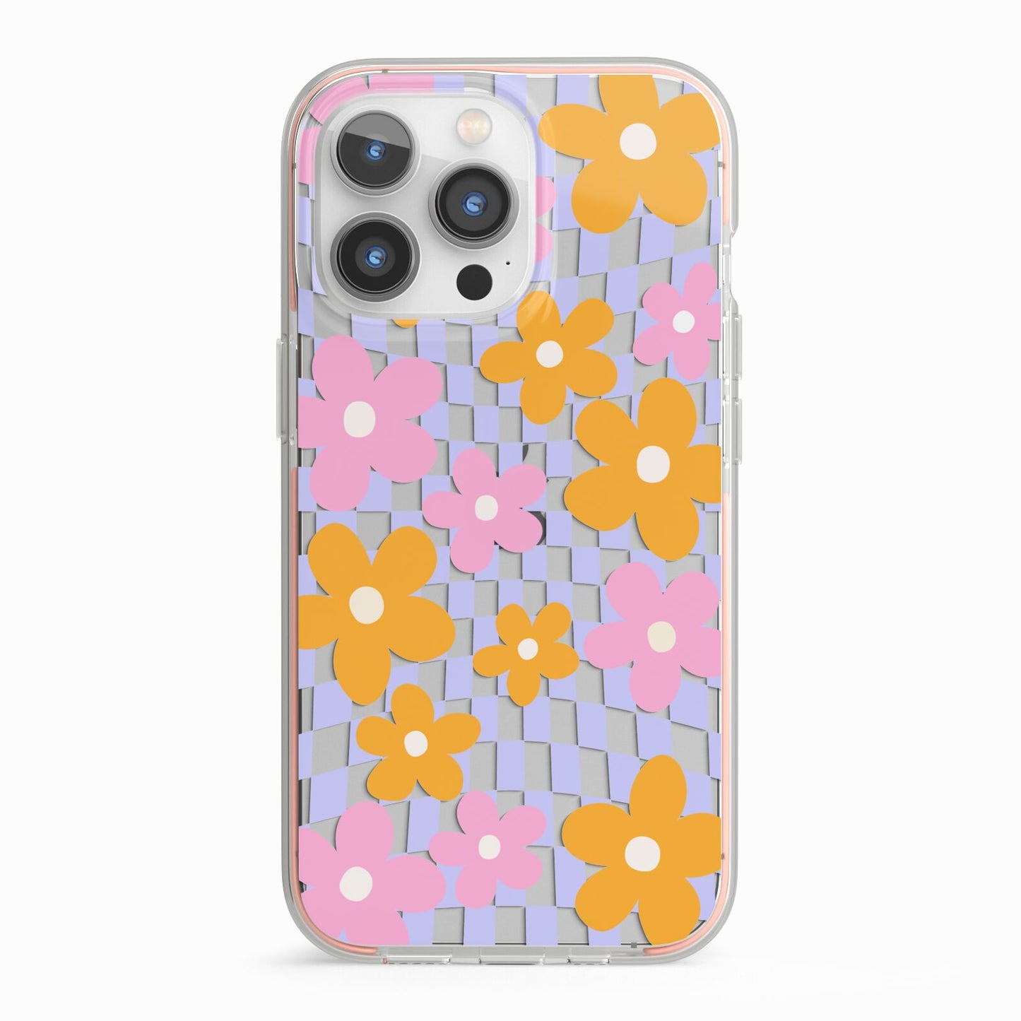 Retro Check Floral iPhone 13 Pro TPU Impact Case with Pink Edges