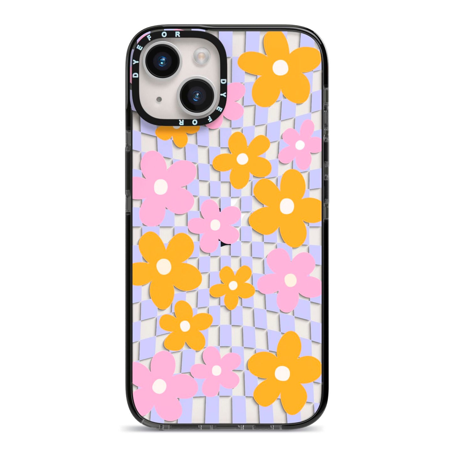 Retro Check Floral iPhone 14 Black Impact Case on Silver phone