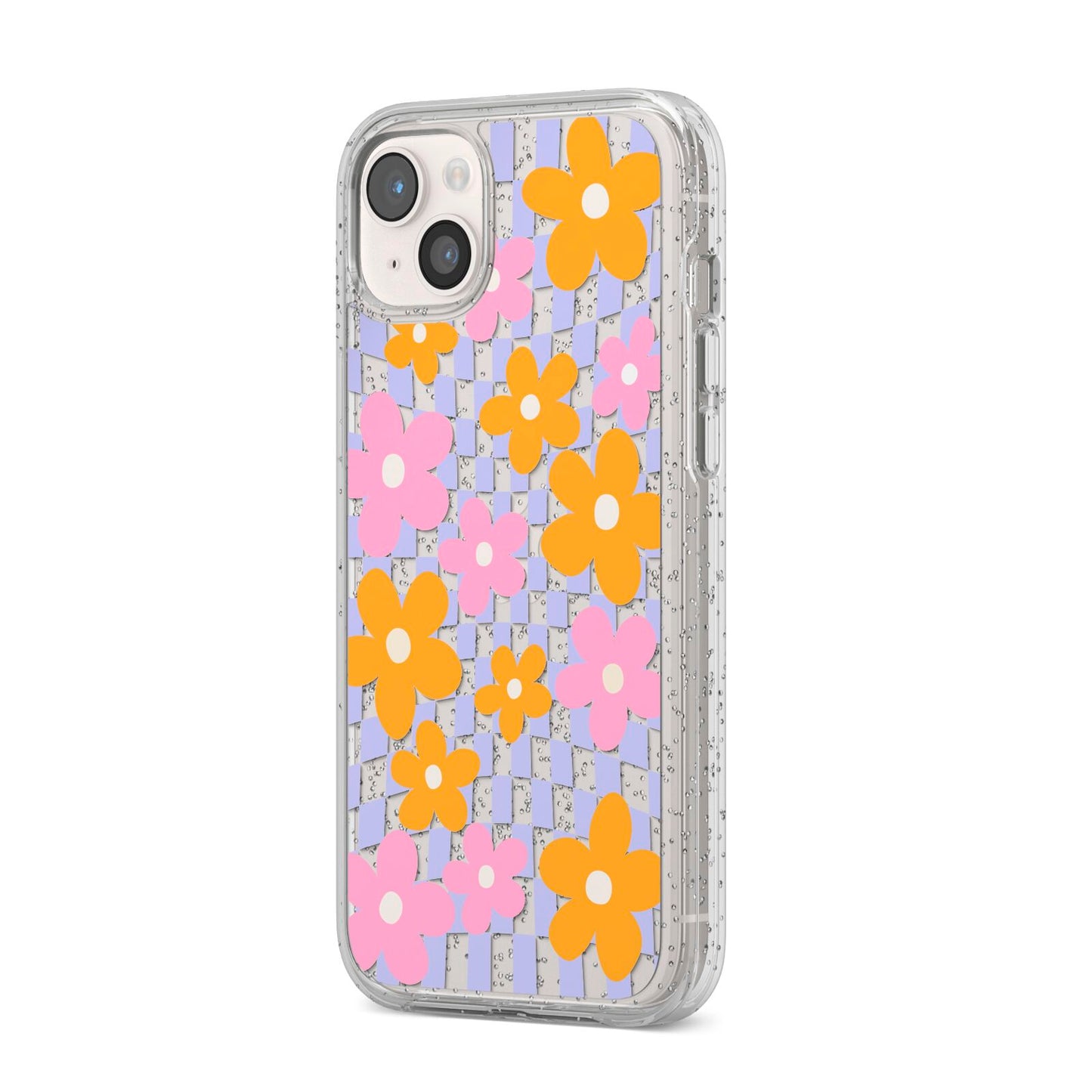 Retro Check Floral iPhone 14 Plus Glitter Tough Case Starlight Angled Image