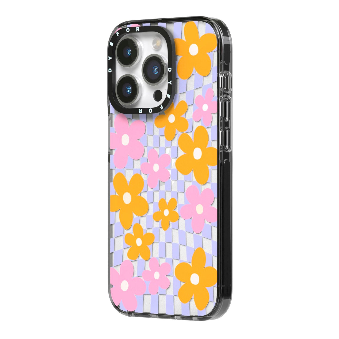 Retro Check Floral iPhone 14 Pro Black Impact Case Side Angle on Silver phone