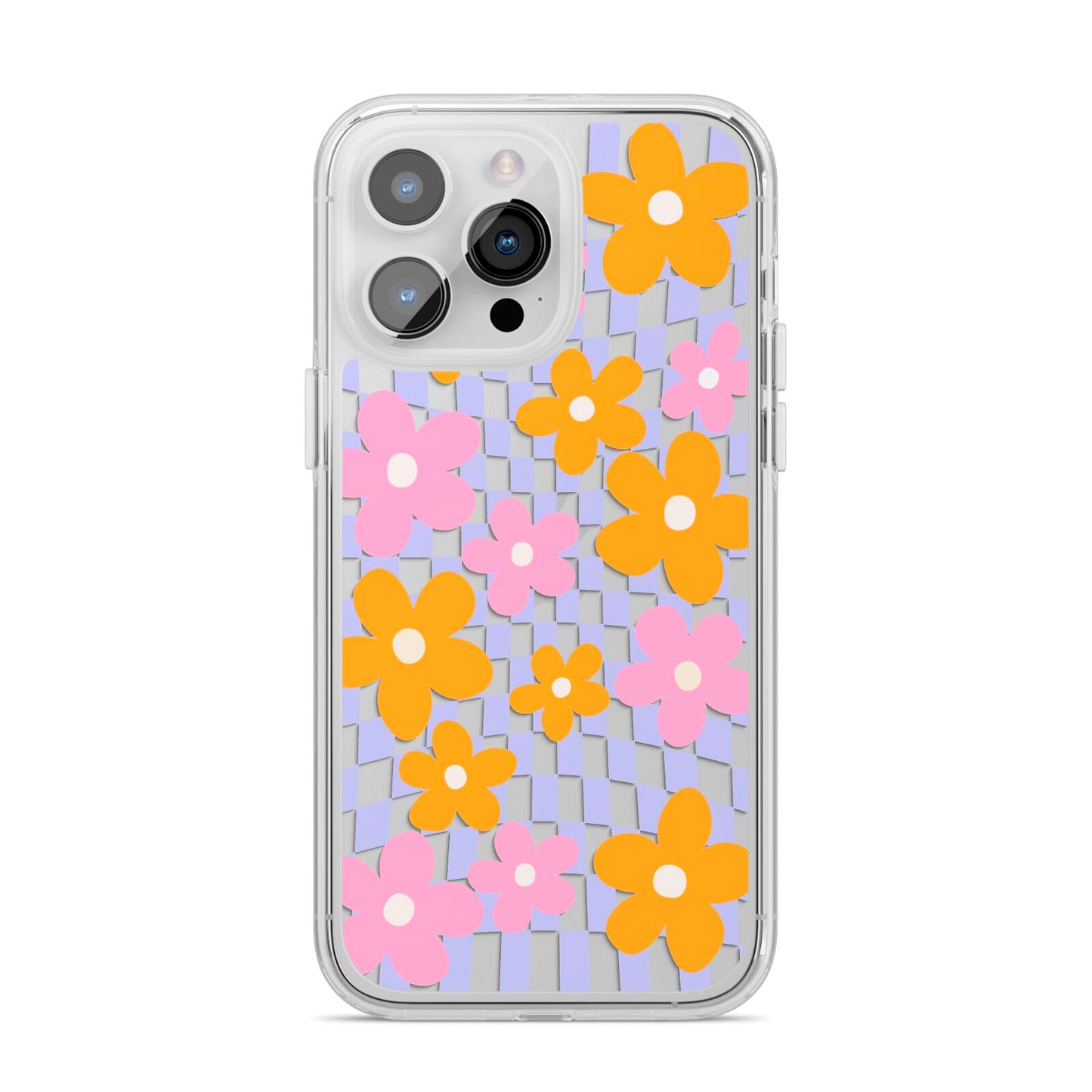 Retro Check Floral iPhone 14 Pro Max Clear Tough Case Silver