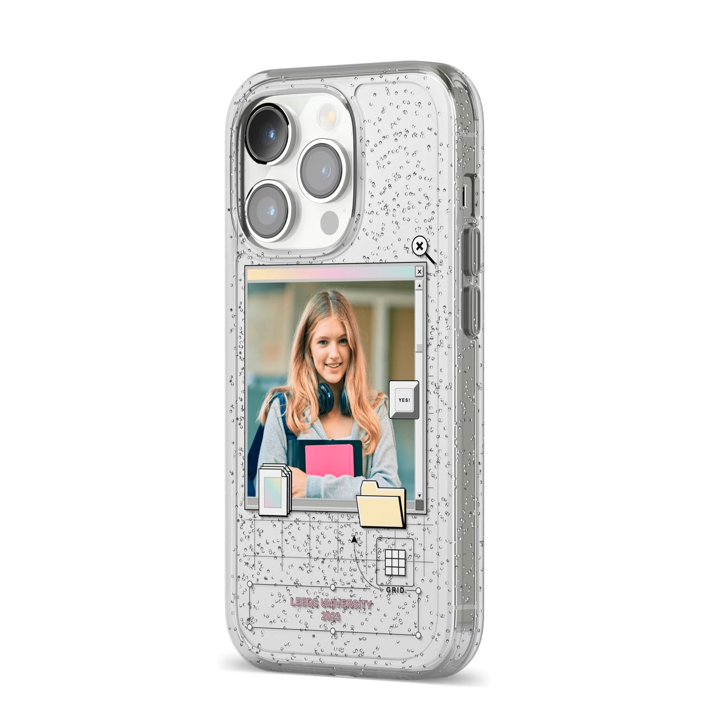 Retro Computer Photo iPhone 14 Pro Glitter Tough Case Silver Angled Image