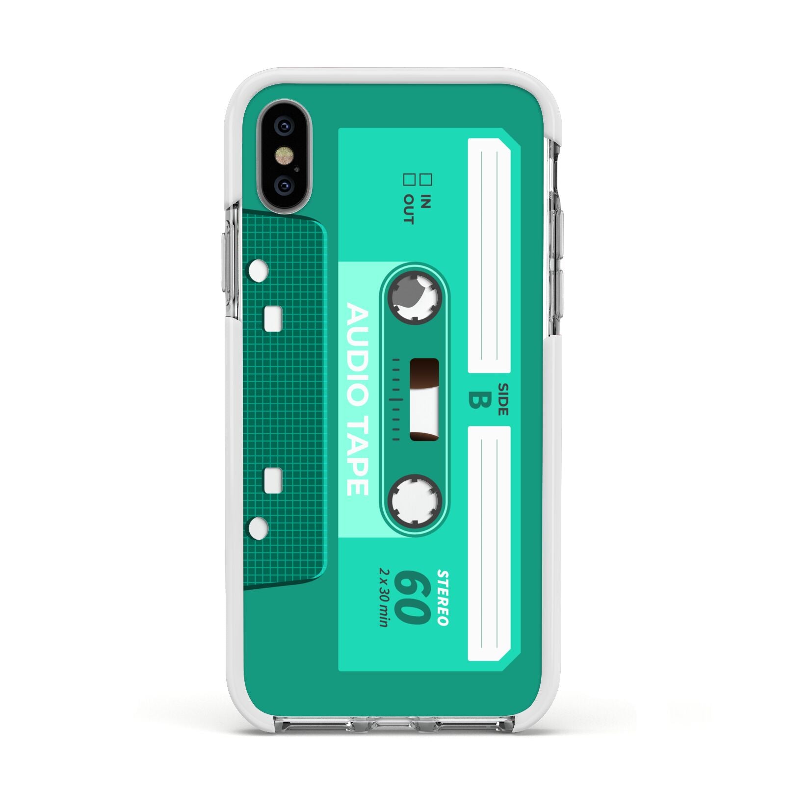 Retro Green Tape Apple iPhone Xs Impact Case White Edge on Silver Phone