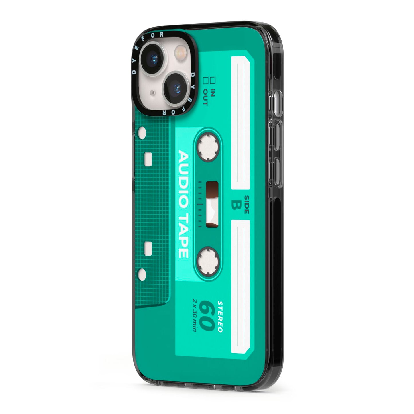 Retro Green Tape iPhone 13 Black Impact Case Side Angle on Silver phone