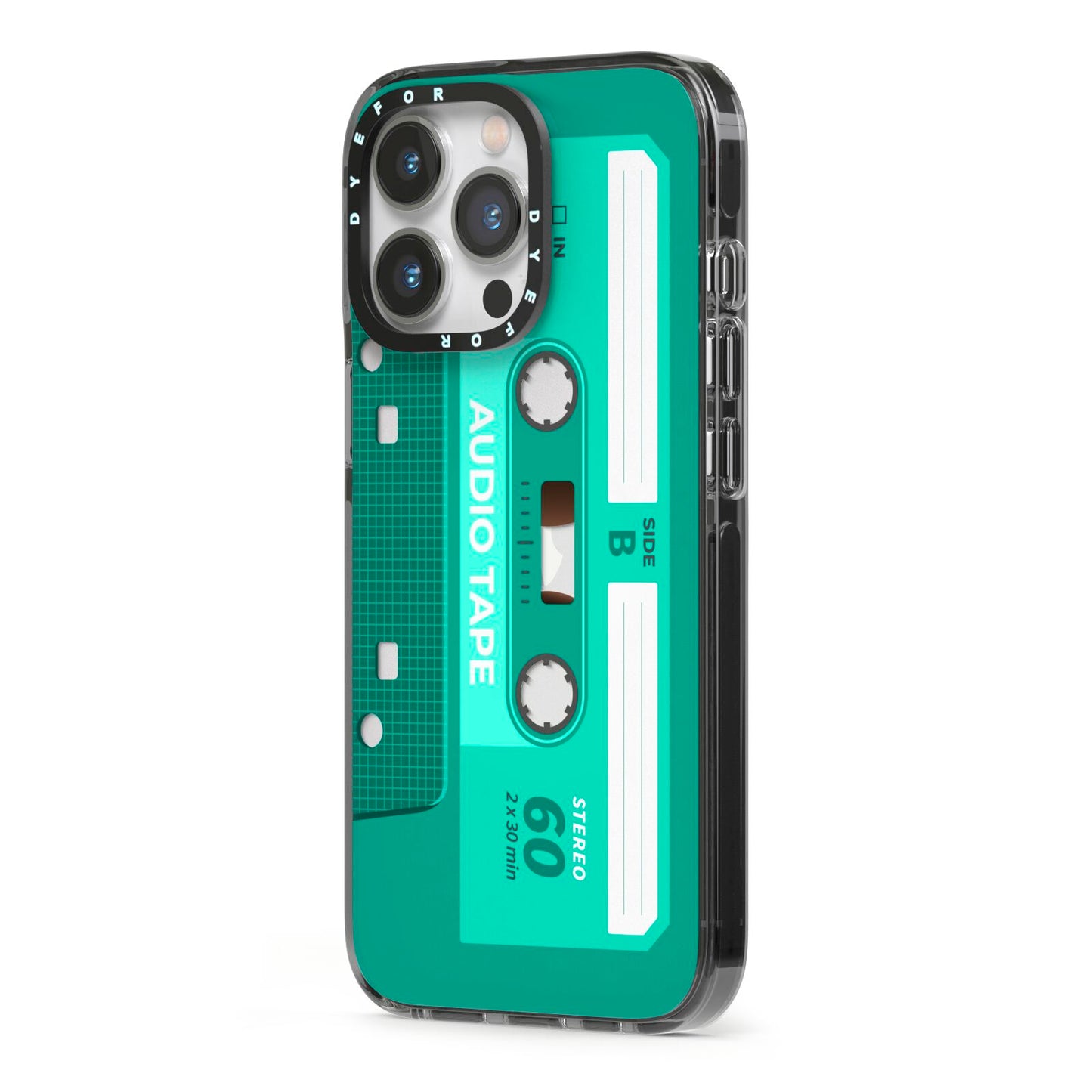 Retro Green Tape iPhone 13 Pro Black Impact Case Side Angle on Silver phone