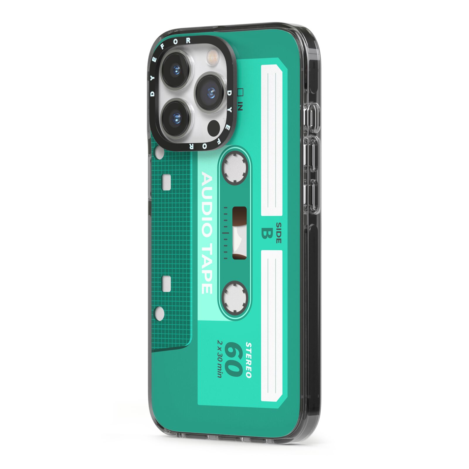 Retro Green Tape iPhone 13 Pro Black Impact Case Side Angle on Silver phone