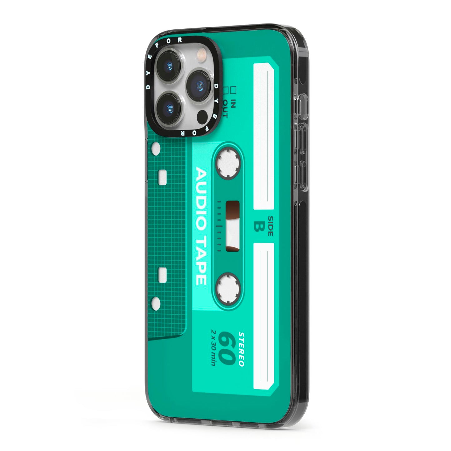 Retro Green Tape iPhone 13 Pro Max Black Impact Case Side Angle on Silver phone