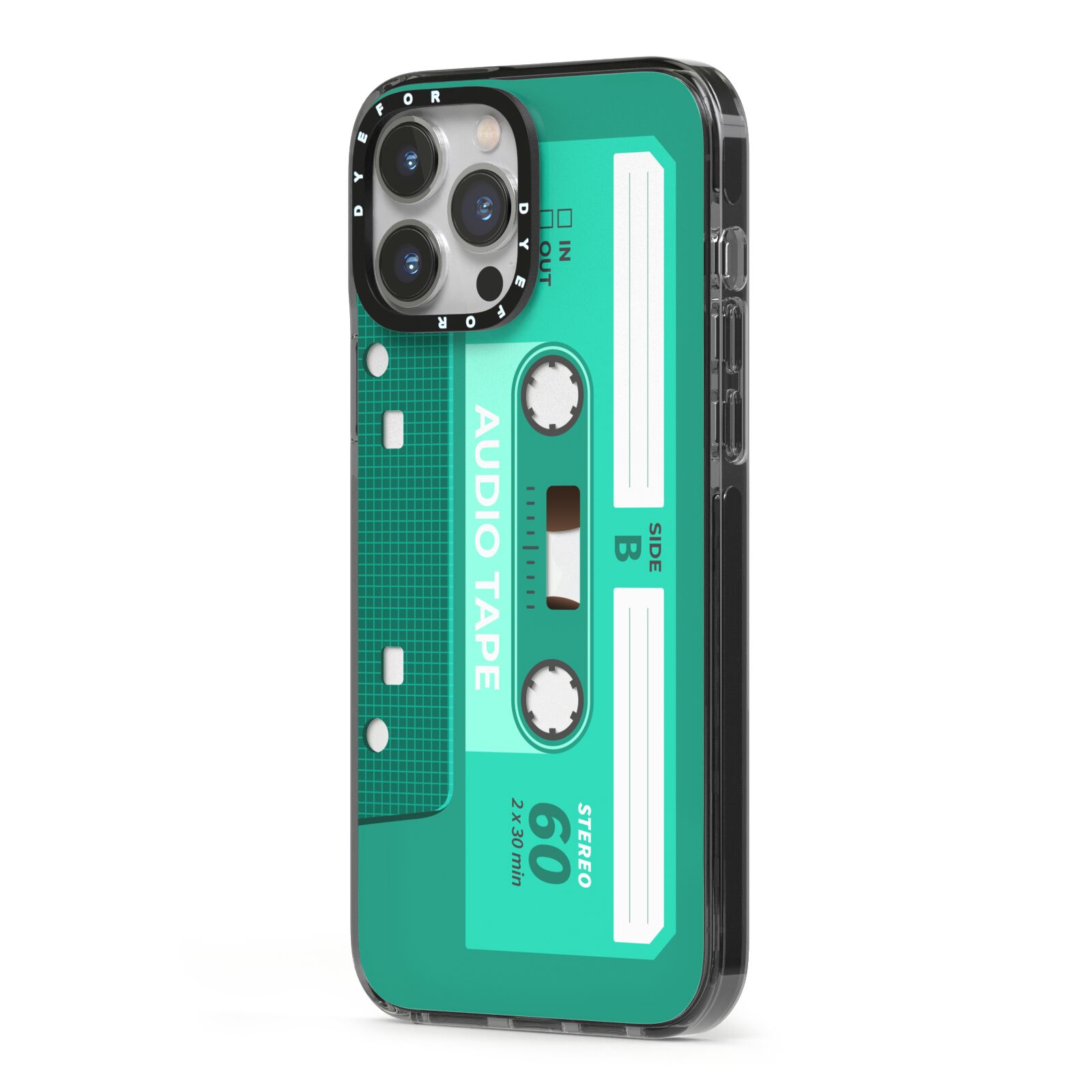 Retro Green Tape iPhone 13 Pro Max Black Impact Case Side Angle on Silver phone