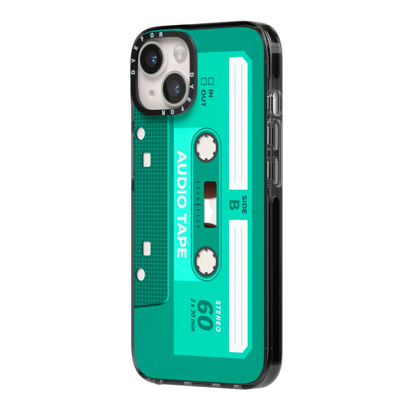 Retro Green Tape iPhone 14 Black Impact Case Side Angle on Silver phone