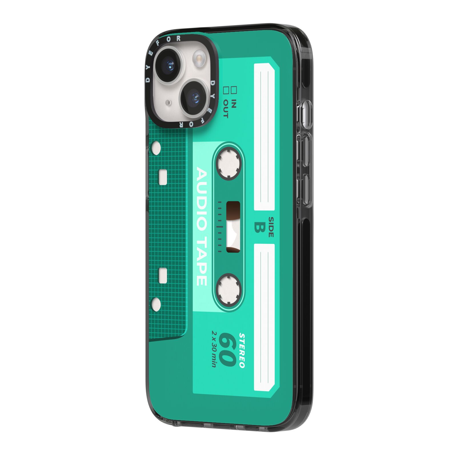 Retro Green Tape iPhone 14 Black Impact Case Side Angle on Silver phone