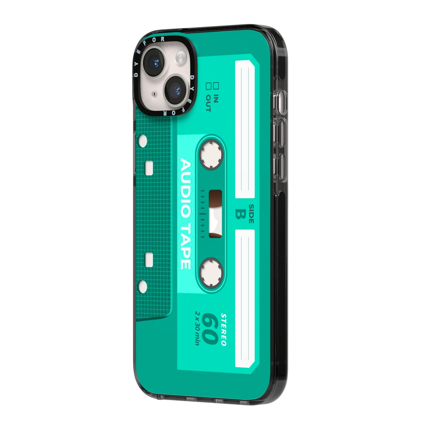 Retro Green Tape iPhone 14 Plus Black Impact Case Side Angle on Silver phone