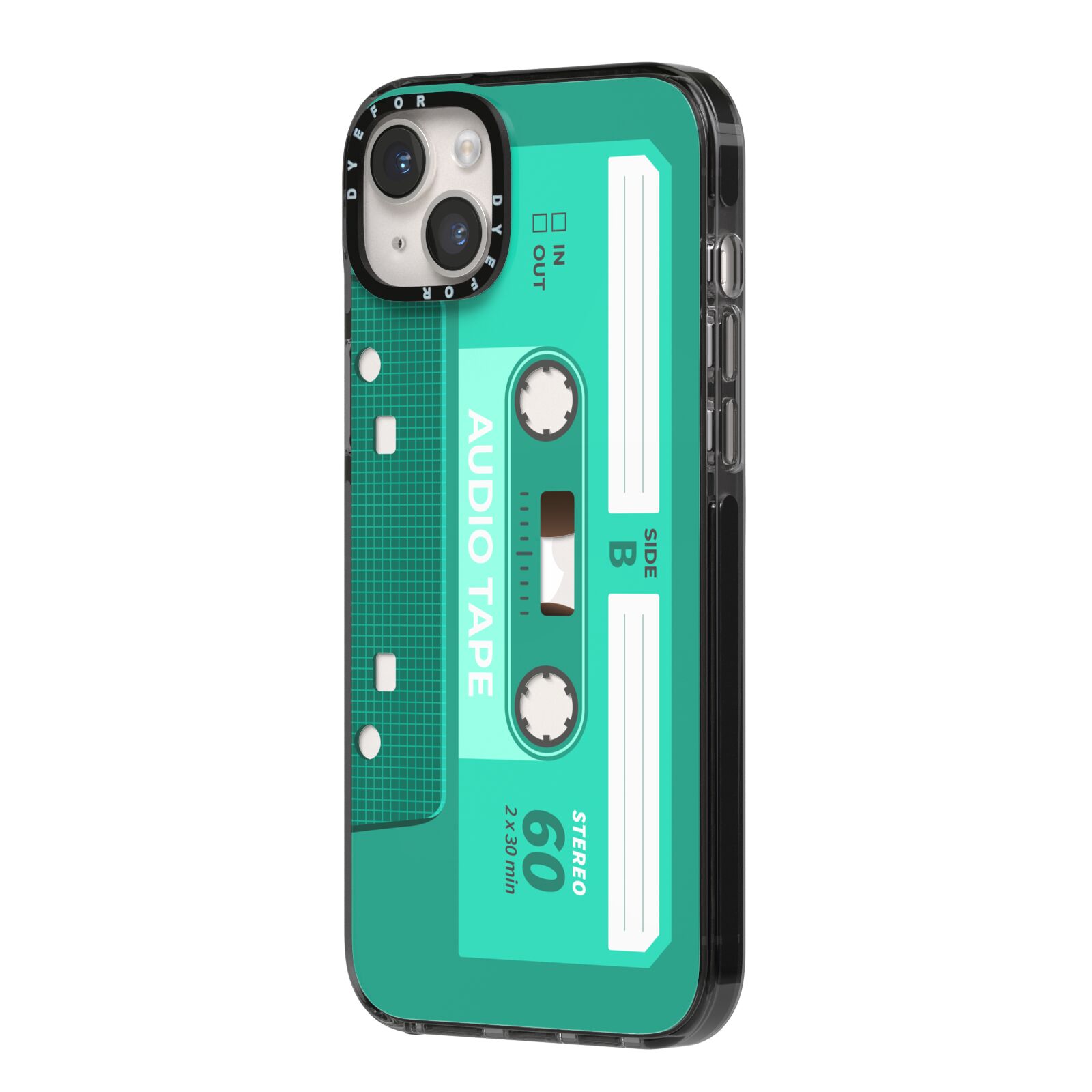 Retro Green Tape iPhone 14 Plus Black Impact Case Side Angle on Silver phone