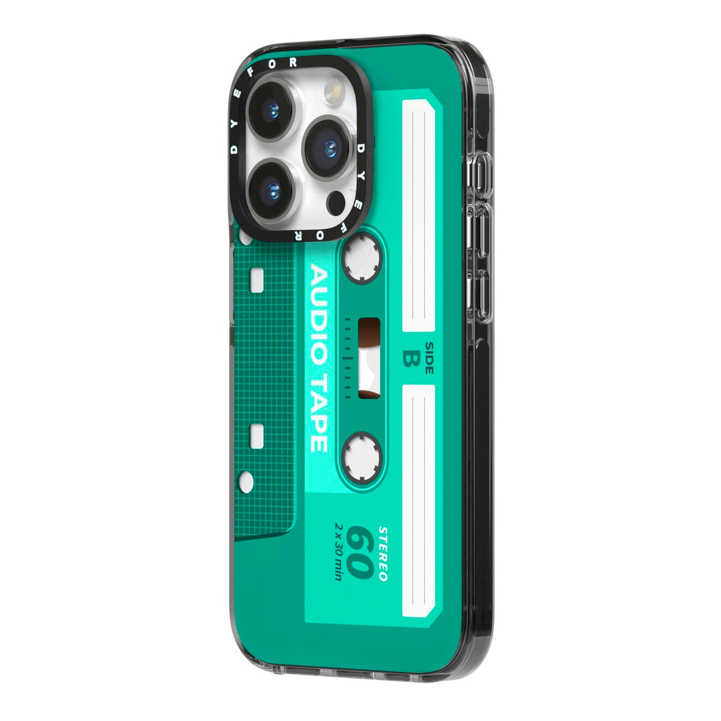 Retro Green Tape iPhone 14 Pro Black Impact Case Side Angle on Silver phone