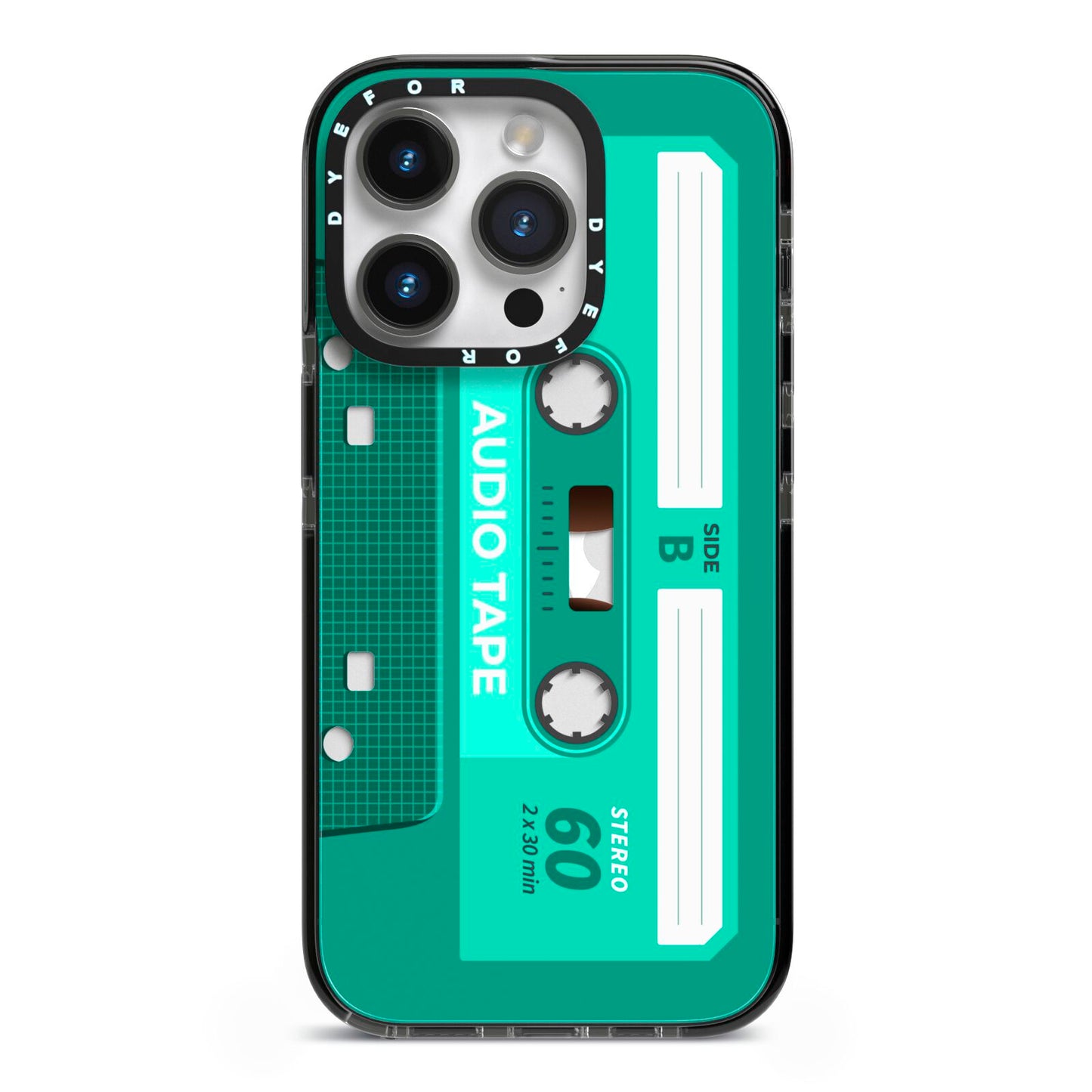 Retro Green Tape iPhone 14 Pro Black Impact Case on Silver phone