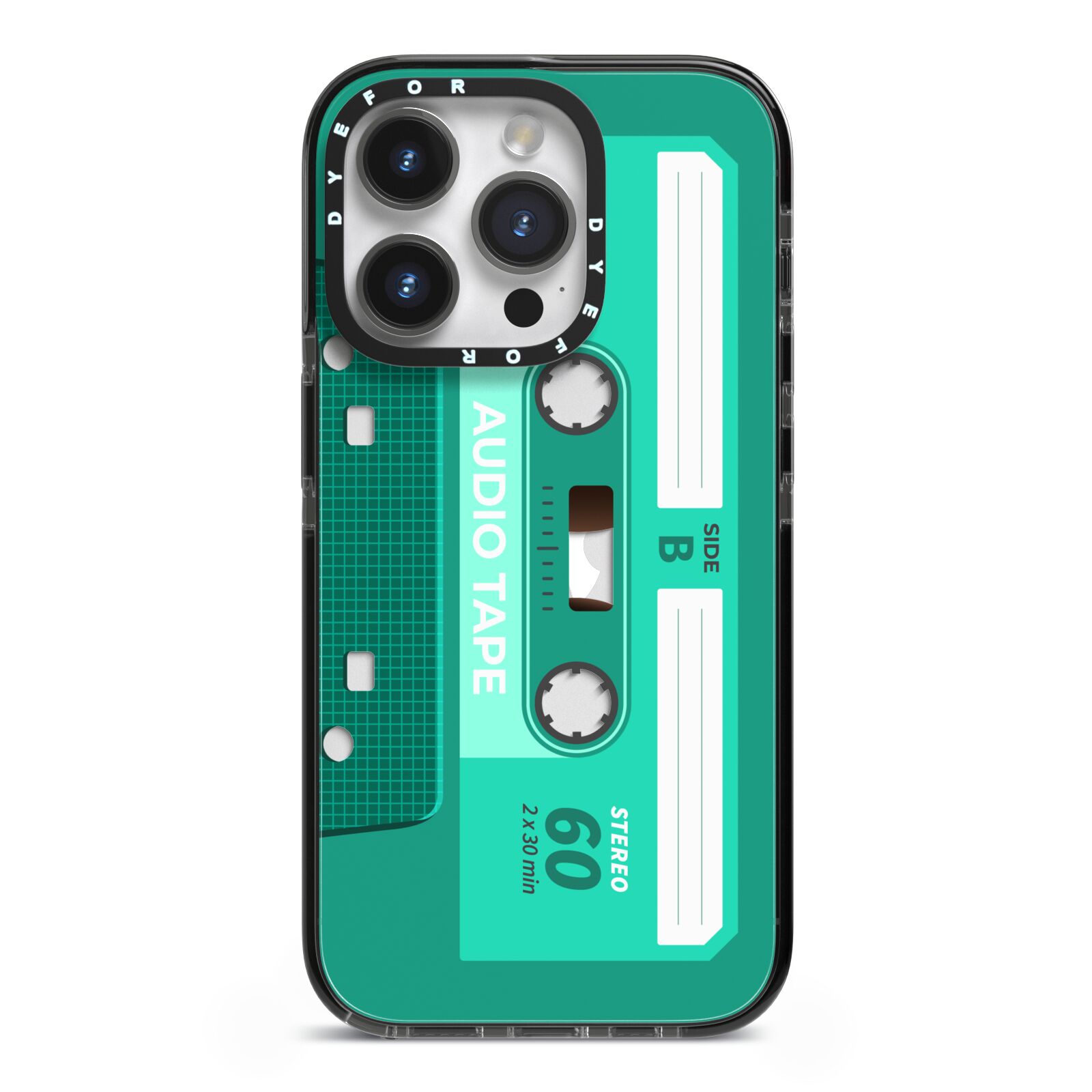 Retro Green Tape iPhone 14 Pro Black Impact Case on Silver phone