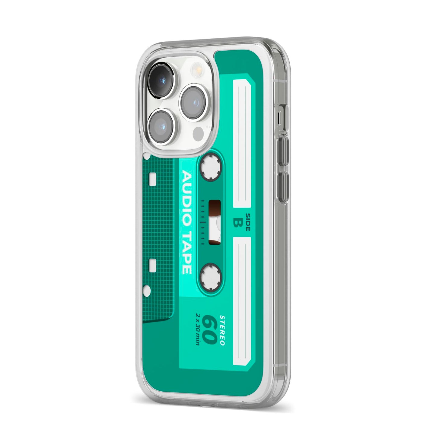 Retro Green Tape iPhone 14 Pro Clear Tough Case Silver Angled Image