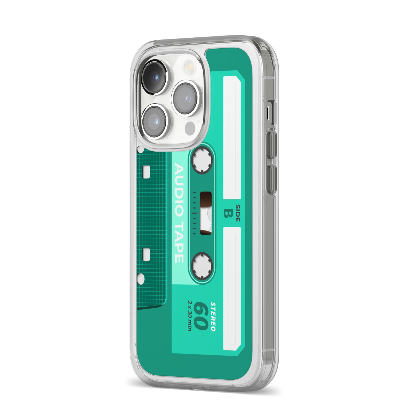 Retro Green Tape iPhone 14 Pro Clear Tough Case Silver Angled Image